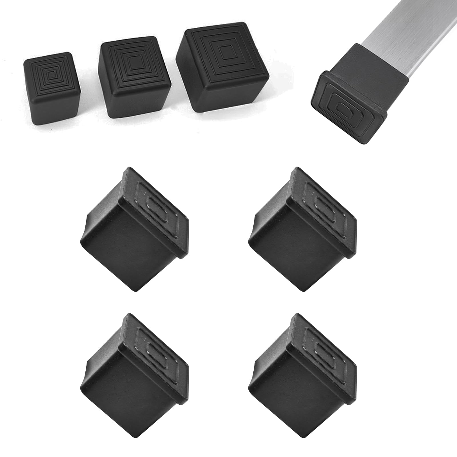 4 Pcs 1-1/2" x 1-1/2" Black Square Rubber Chair Leg Caps (4 Count)