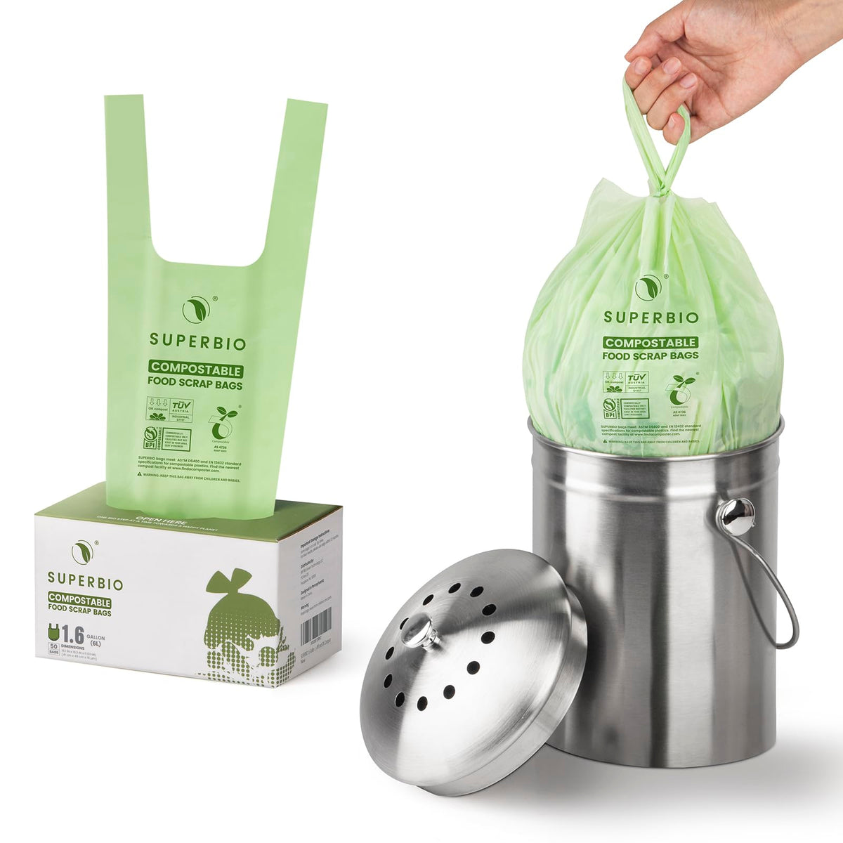 1.6 Gallon Compostable Food Scrap Bags For Counter Top Bin (50 Count)