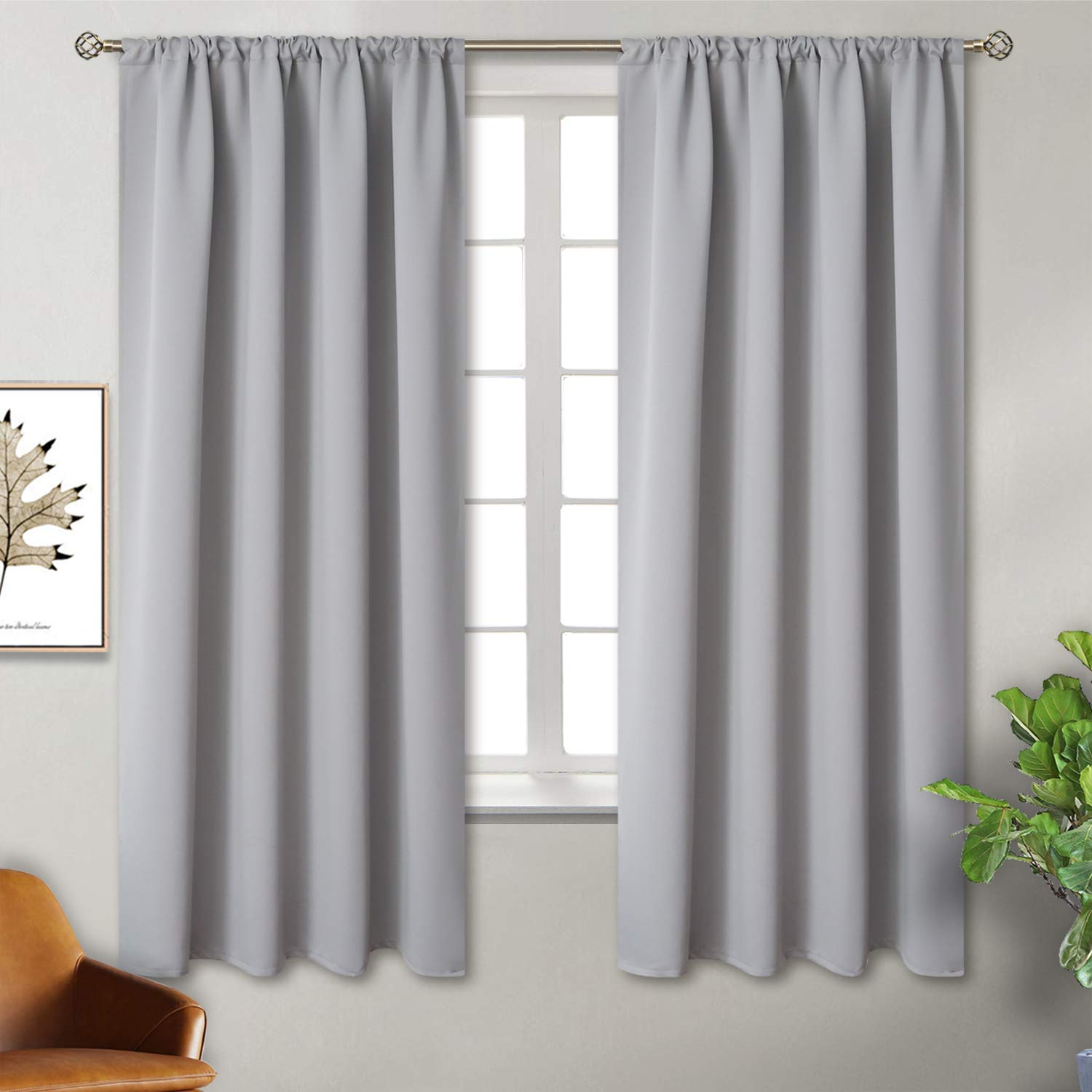 Rod Pocket Room Darkening Curtains 63 Inches Long for Bedroom (2 Count)