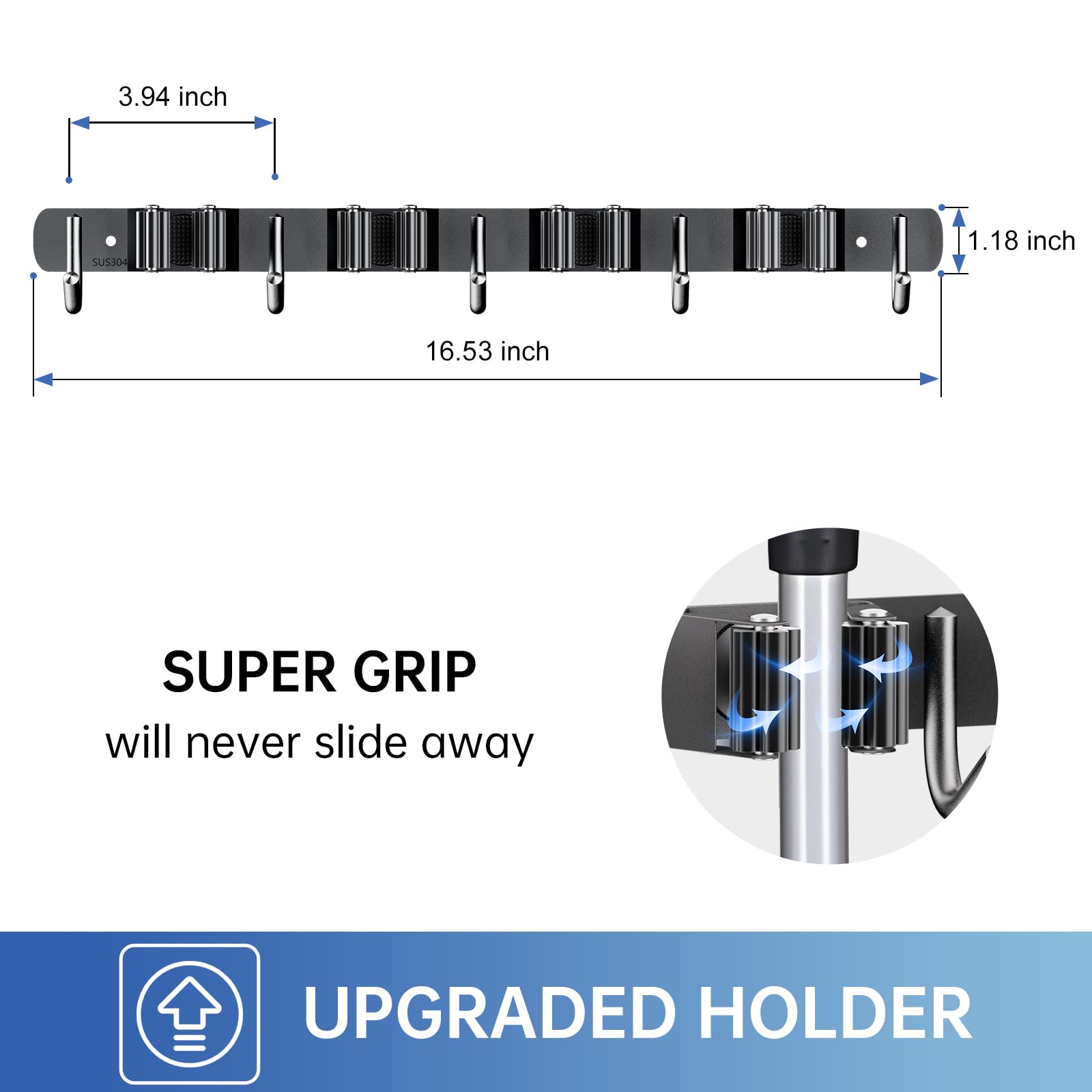 Wall Mount Broom Holder 4 Racks 5 Hooks Metal Tool Organizer Black
