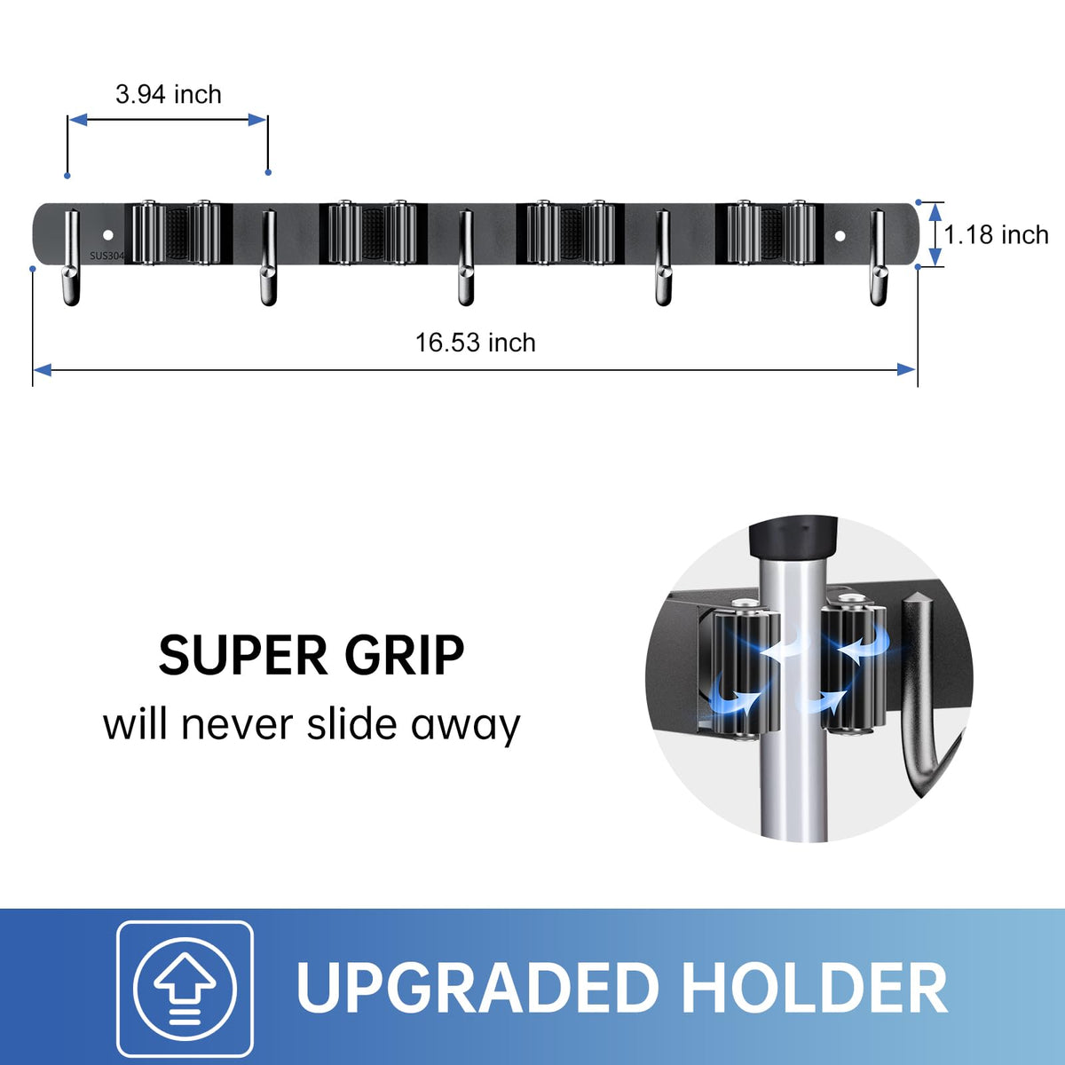 Wall Mount Broom Holder 4 Racks 5 Hooks Metal Tool Organizer Black