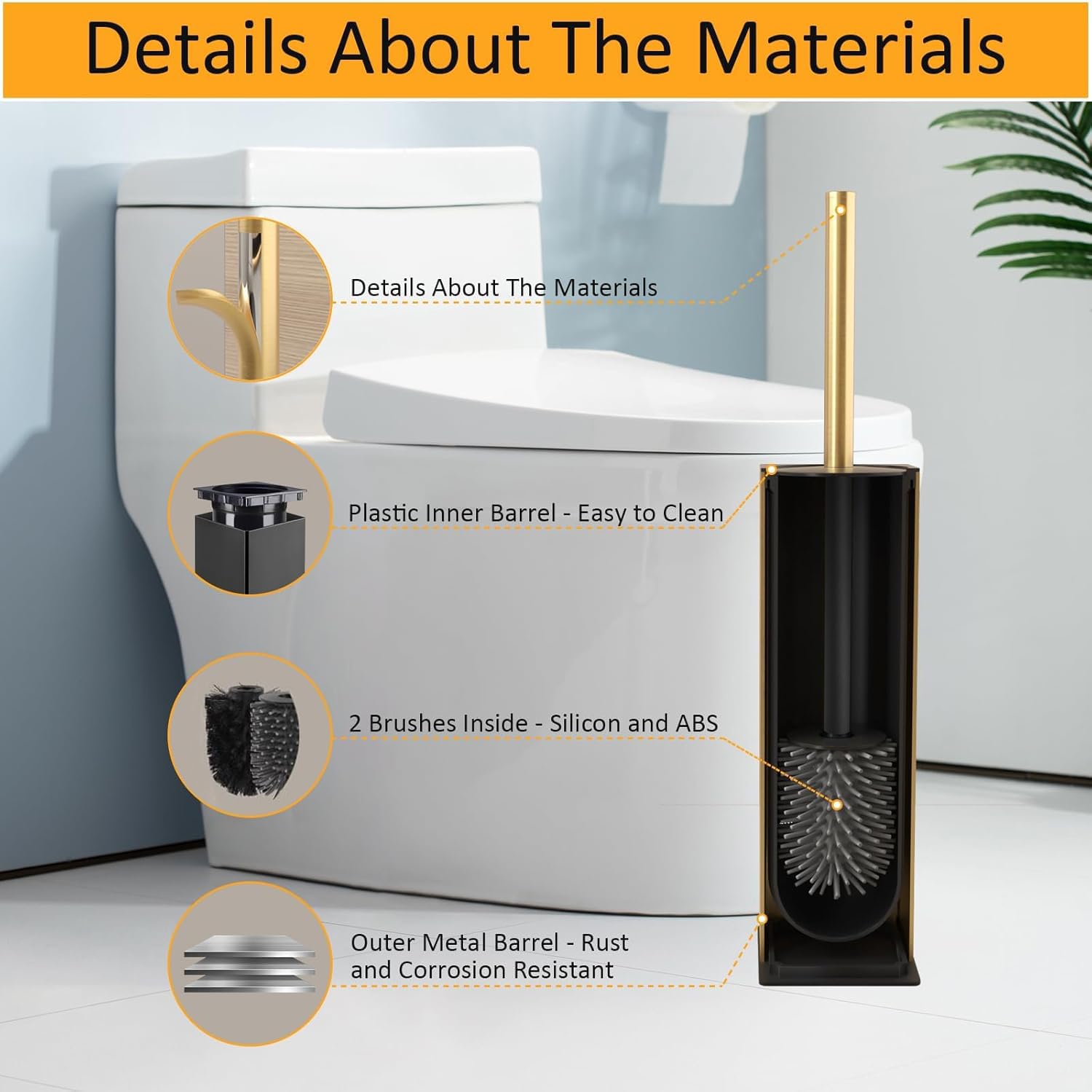Standing Toilet Brush and Holder Brushed Gold Aluminium Toilet Bowl Cleaner Brush and Holder for Bathroom Storage and Organization