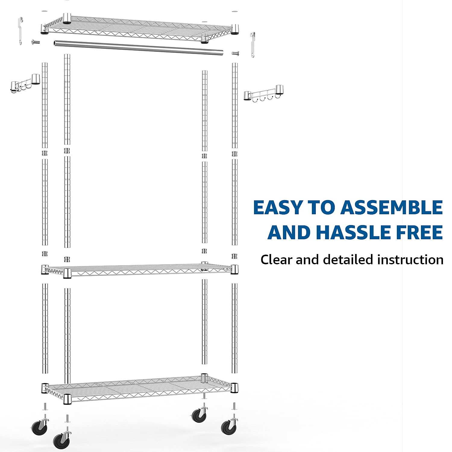 Heavy Duty Rolling Garment Rack 3 Tiers Adjustable Wire Shelving Clothes Rack with Rods and Side Hooks