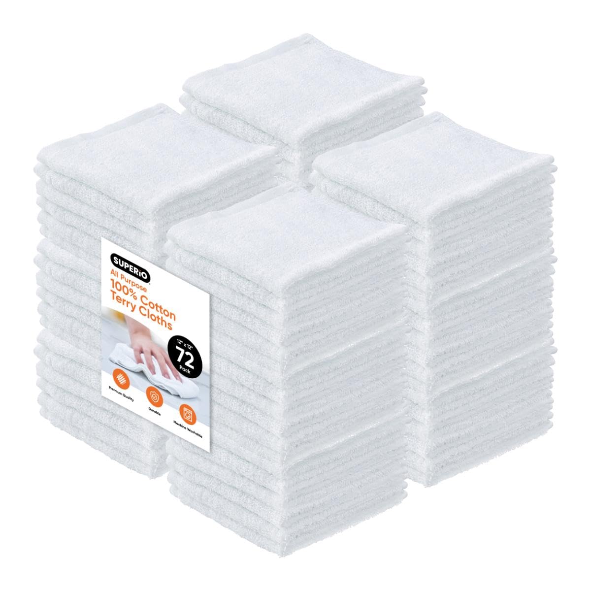 Terry Cloth Rags White Washcloths 100% Cotton 12" Cleaning Cloths (72 Count)