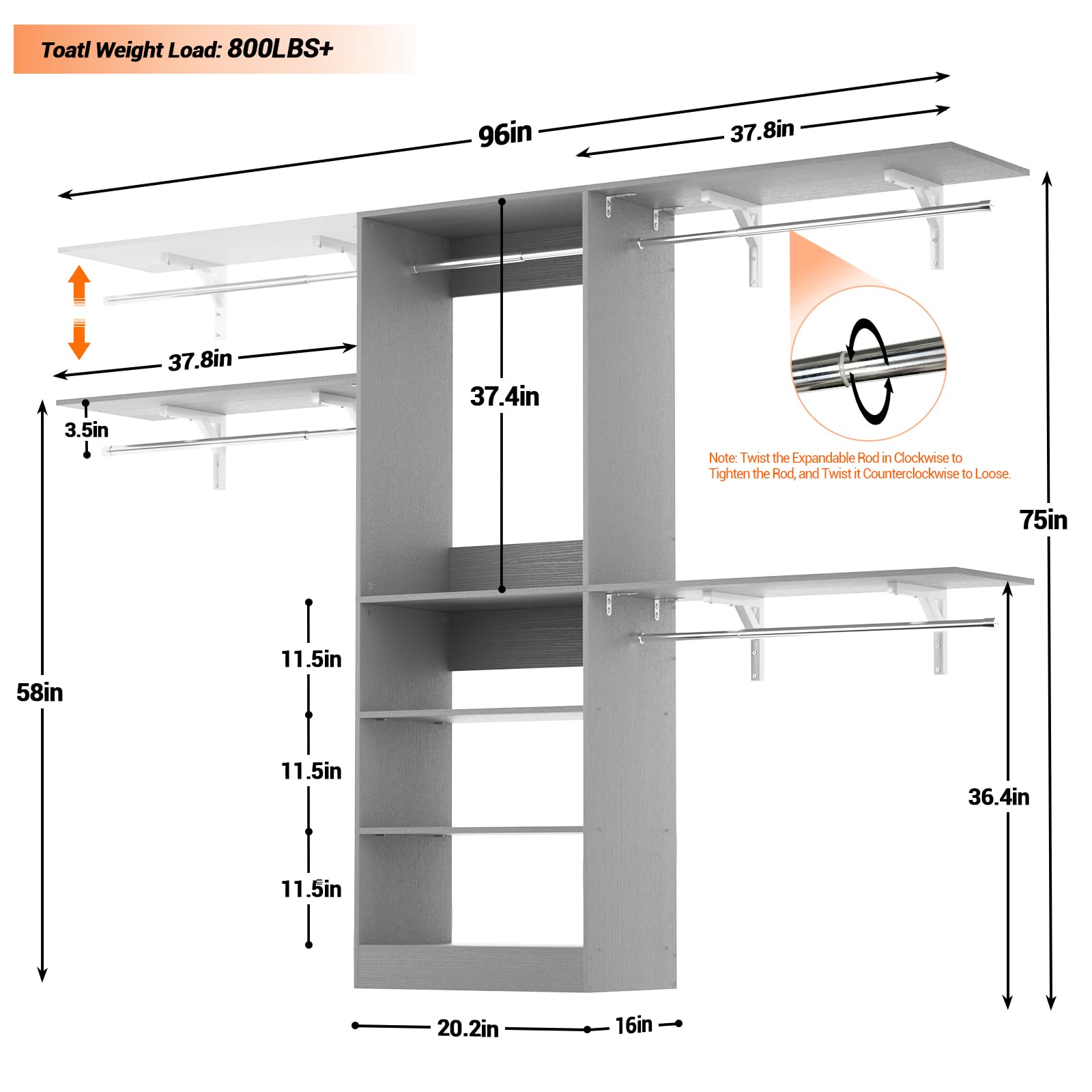 8FT Closet System with 3 Wooden Storage Shelves