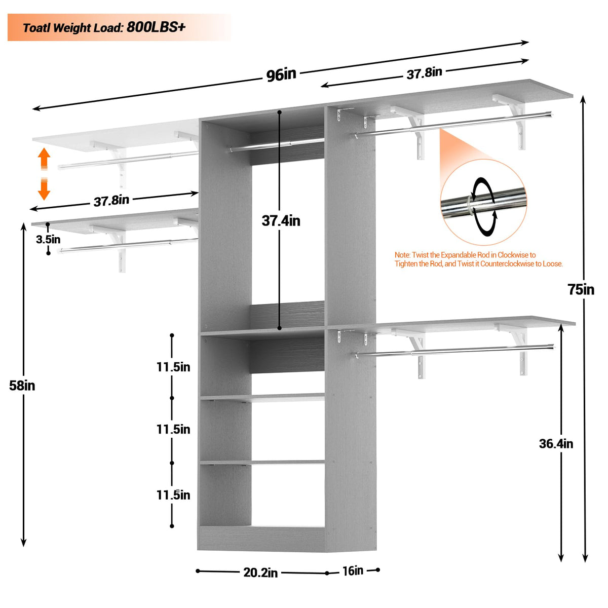 8FT Closet System with 3 Wooden Storage Shelves