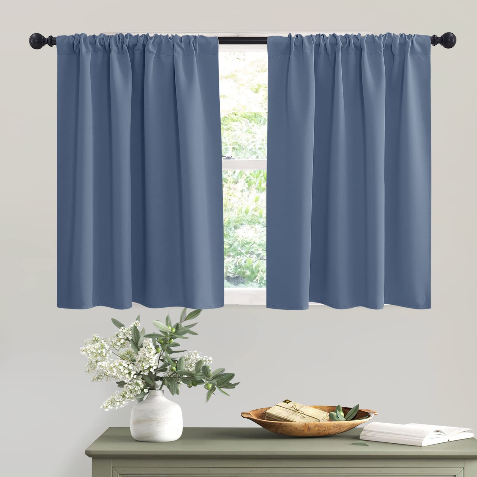 Short Stone Blue Blackout Curtains for Small Bedroom Window Cafe