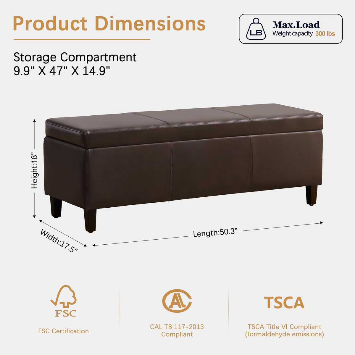Faux Leather Storage Ottoman Bench 50.3 Inch Extra Long PU Upholstered Bedroom Bench with Large Storage Space for The Living Room