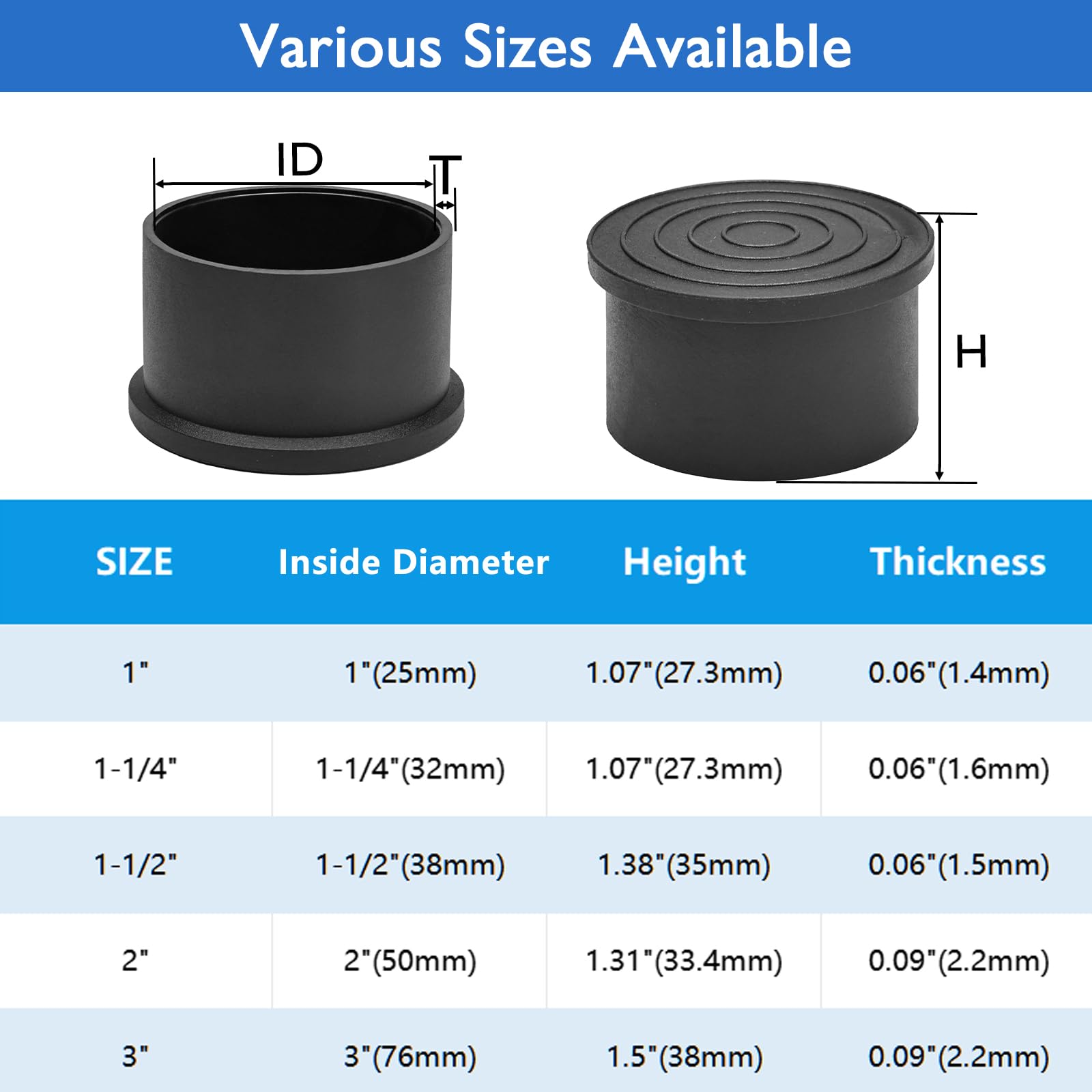 4 Pcs 2" Black Round Rubber Chair Leg Caps (4 Count)