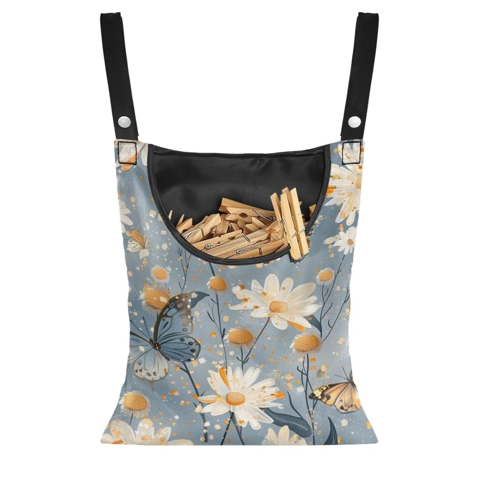 Butterfly Clothespin Bag with Hanging Rope 14.5 x 12 Inch Summer Waterproof Laundry Clothes Pin Holder Clothespin Storage Organizer with Large Opening for Home Outdoor