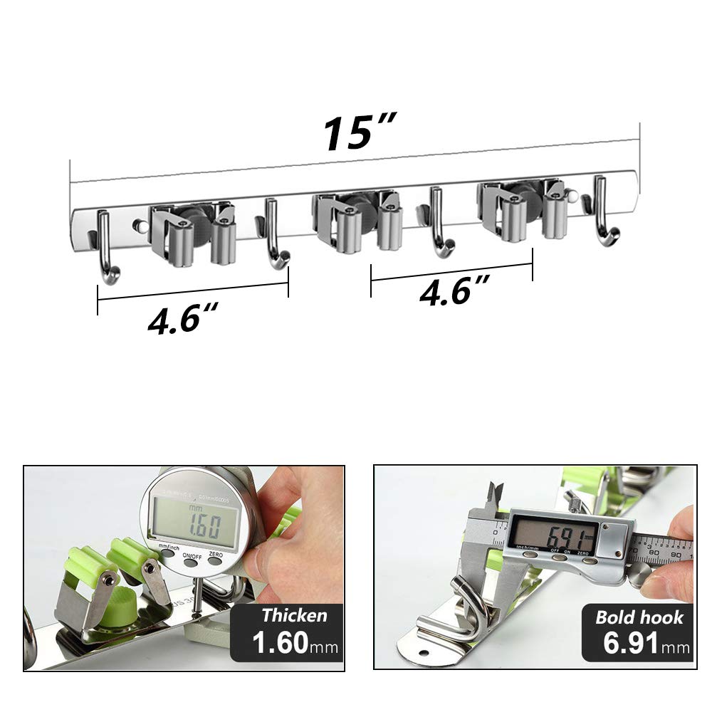 4 PCS Broom Holder Wall Mount with 3 Racks 4 Hooks (4 Count)