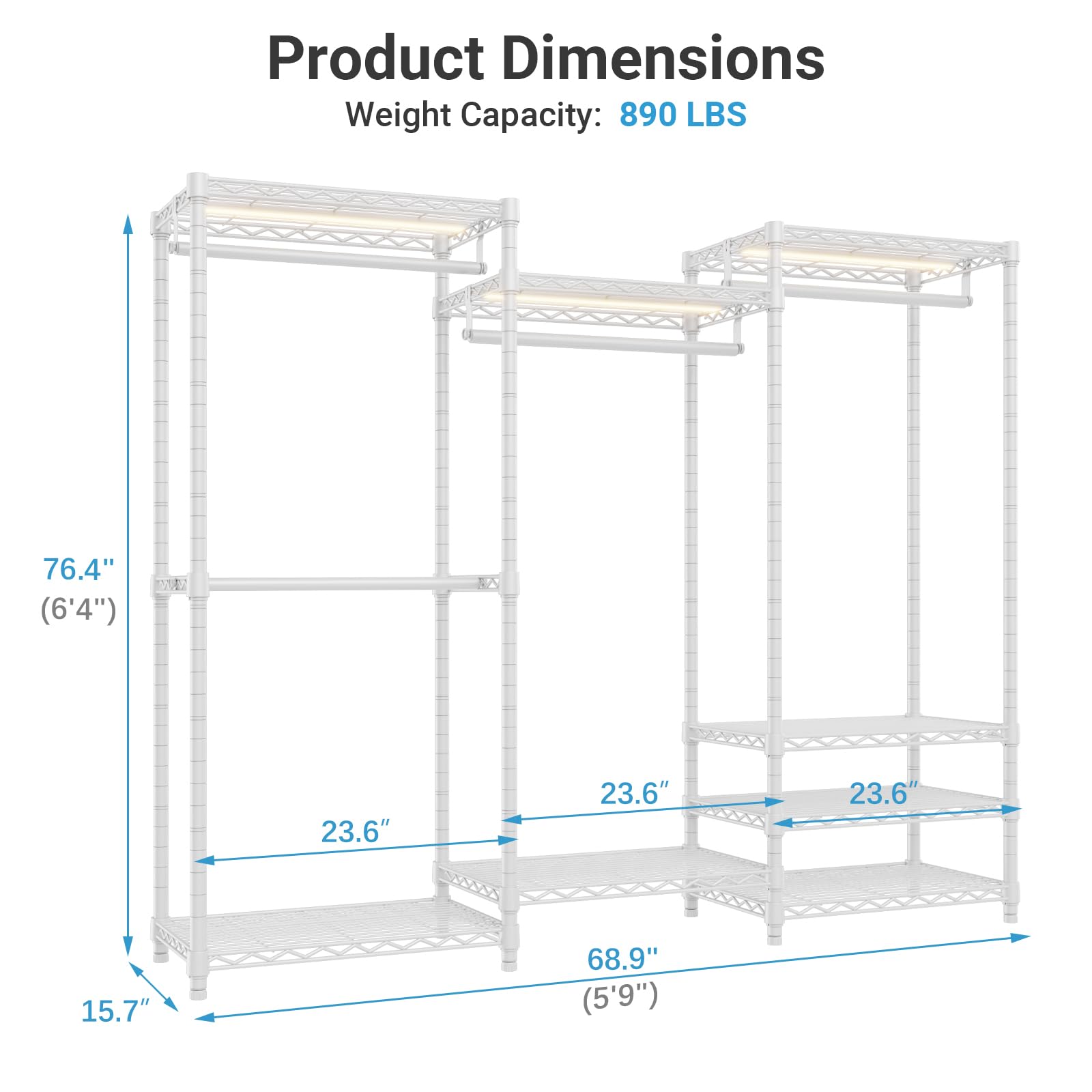 V5LC Garment Rack Heavy Duty Covered with Dimmable LED Lights