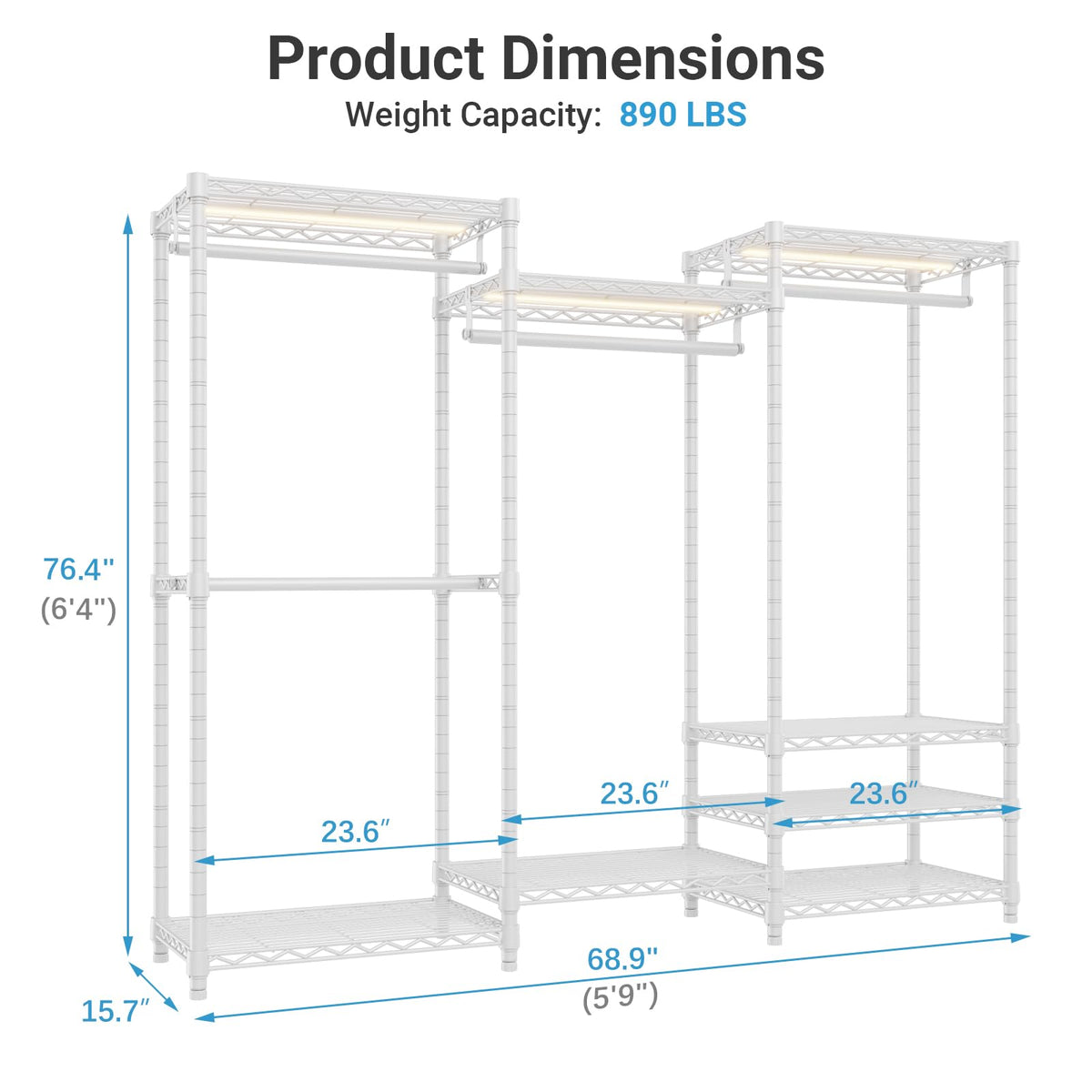 V5LC Garment Rack Heavy Duty Covered with Dimmable LED Light