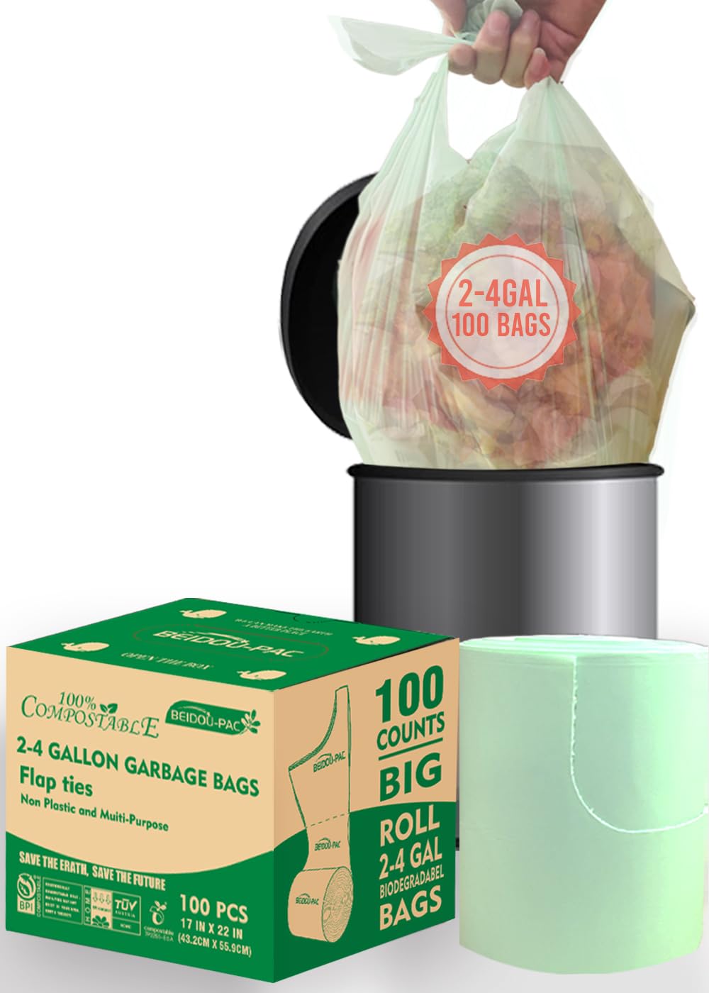 3 Gallon Flap Tie Compostable Trash Bags (100 Count)