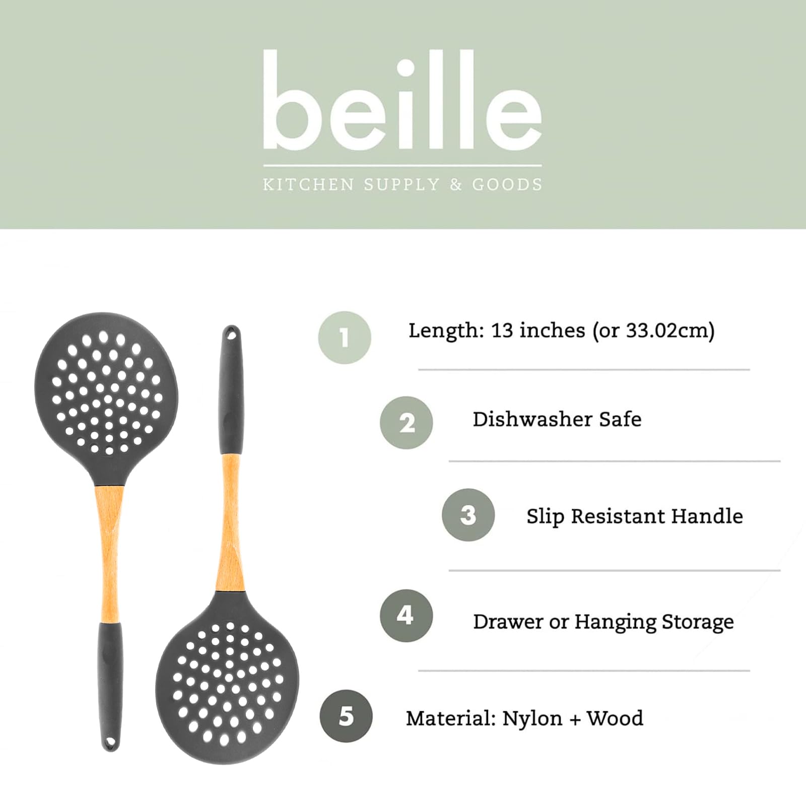 1pc Grey Nylon Skimmer Spoon with Soft Grip Ergonomic Wooden Handle Kitchen Utensils