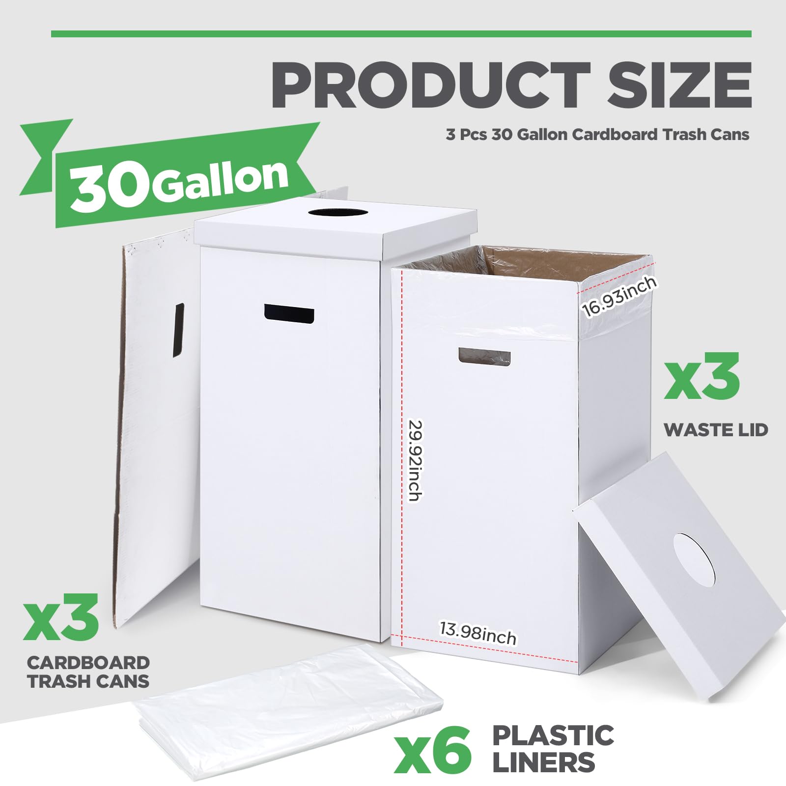 3 Pcs Cardboard Trash Cans with Lid Disposable and Reusable Corrugated Cardboard Trash Cans Recycling Bins Bulk with 6 Garbage Bags White Rubbish Boxes for Parties Events (3 Count)