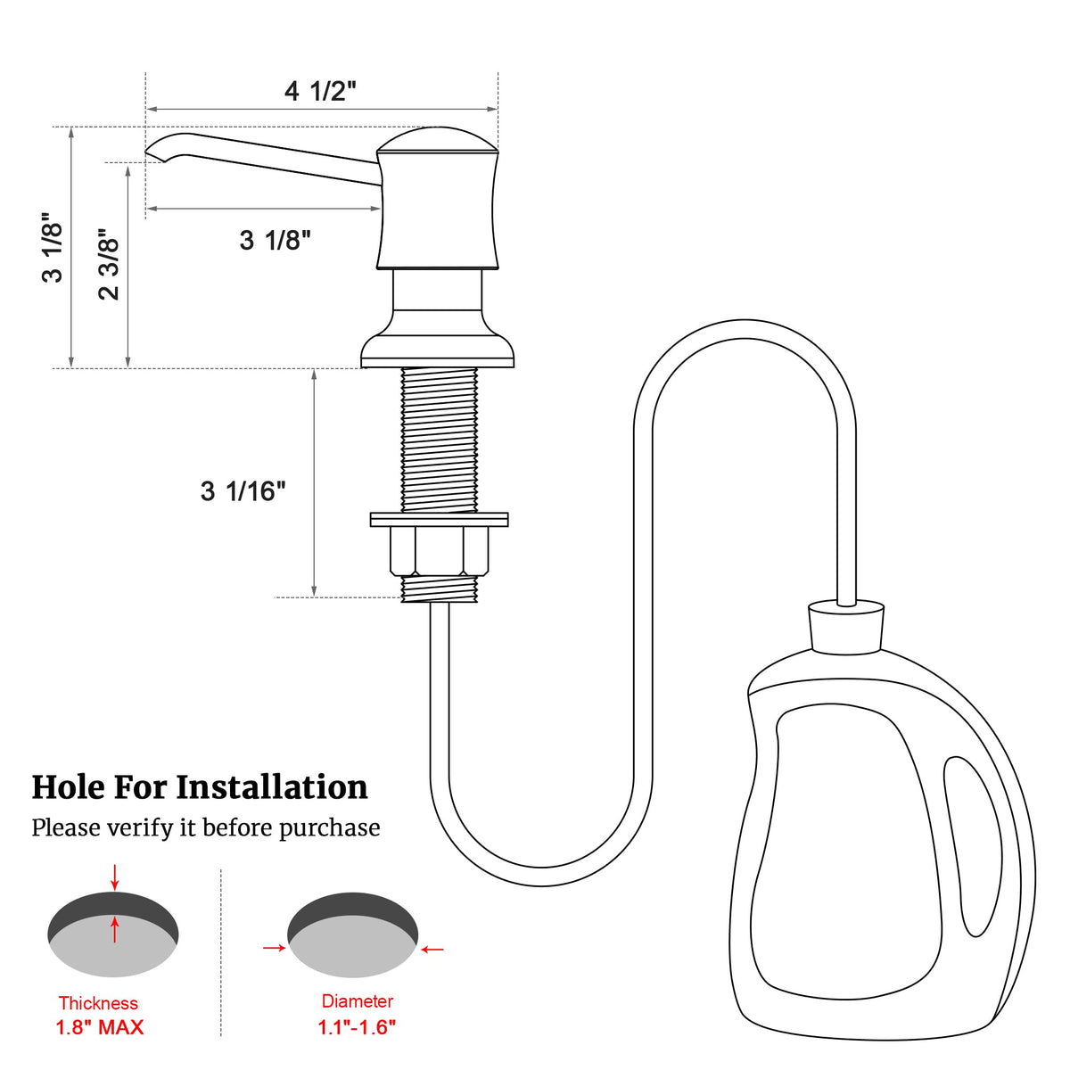 Sink Soap Dispenser for Kitchen Sink Brushed Nickel Upgrade with 40" Silicone Extension Tube Kit