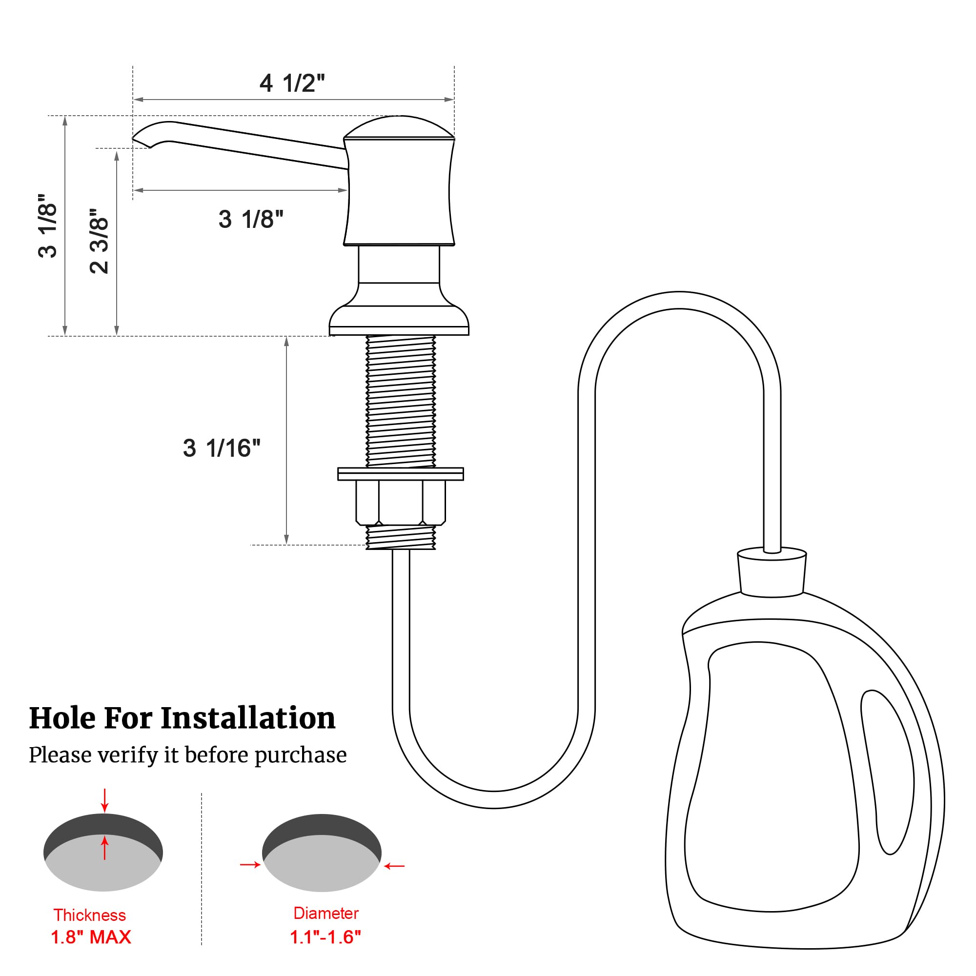 Sink Soap Dispenser for Kitchen Sink Brushed Nickel Upgrade with 40" Silicone Extension Tube Kit
