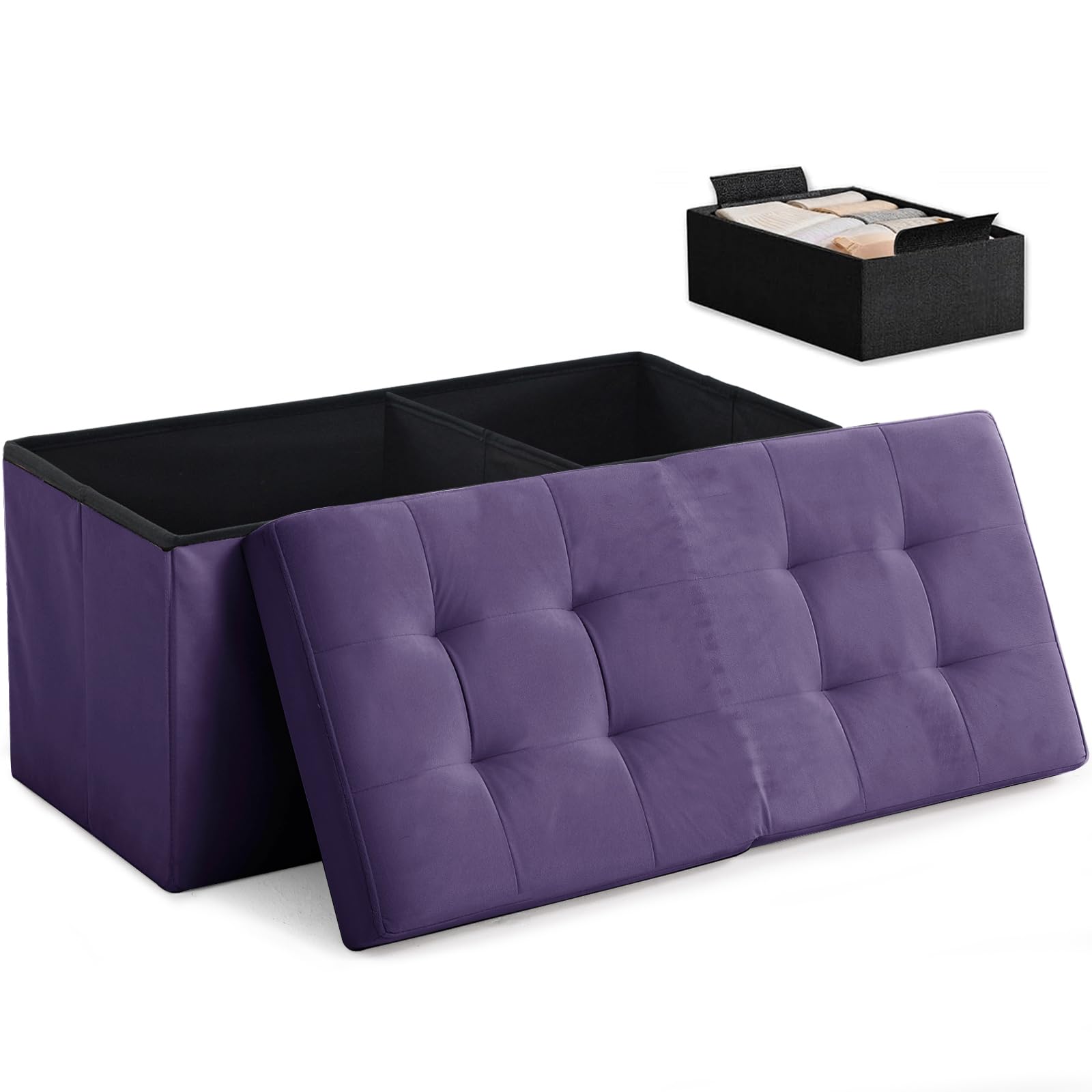 Ottoman with Storage Bench Folding Foot Rest Stool Velvet Purple