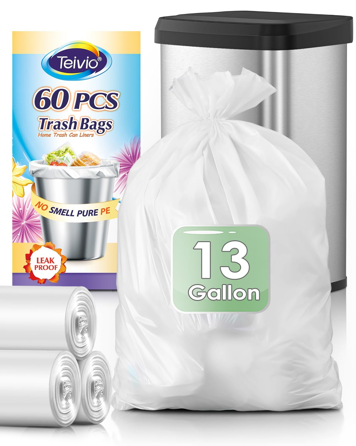 Tall Kitchen Clear Trash Bags 13 Gallon 60 Count Garbage Bags