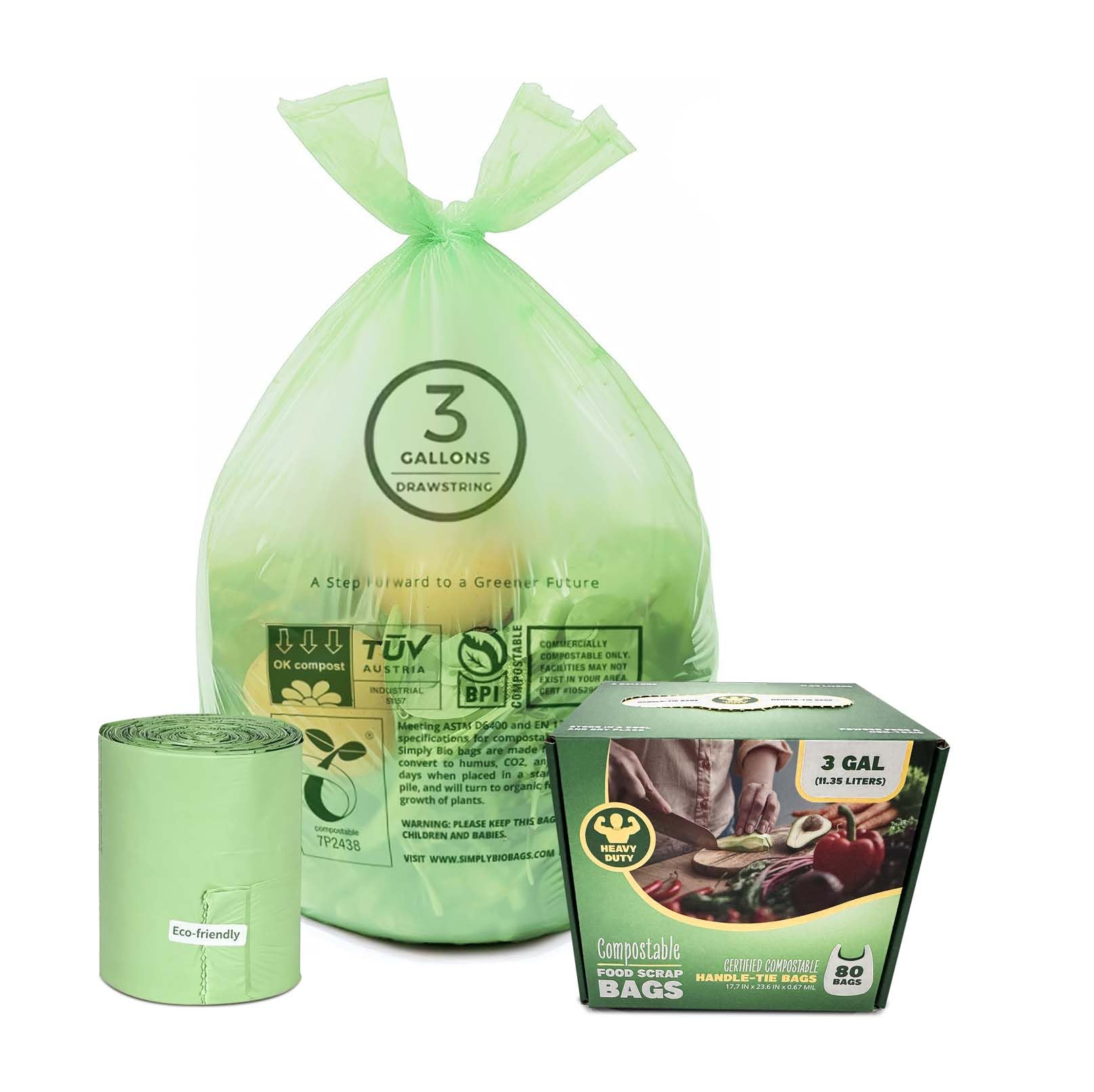 3 Gallon Compostable Trash Bags with Handle (80 Count)