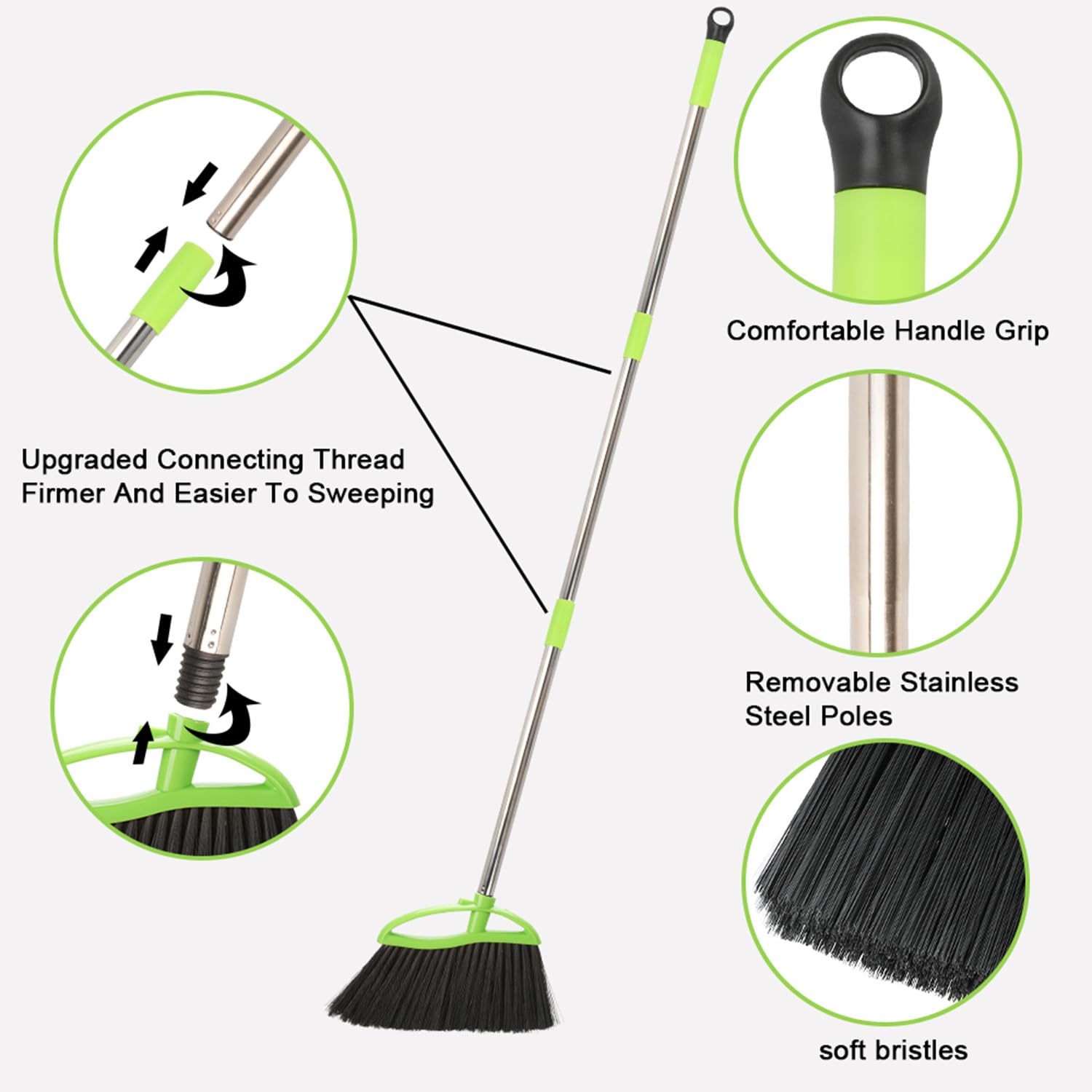 3 Packs Indoor Brooms Green Angle Broom Soft Bristles Long Handle for Hardwood Floor Sweeping (3 Count)
