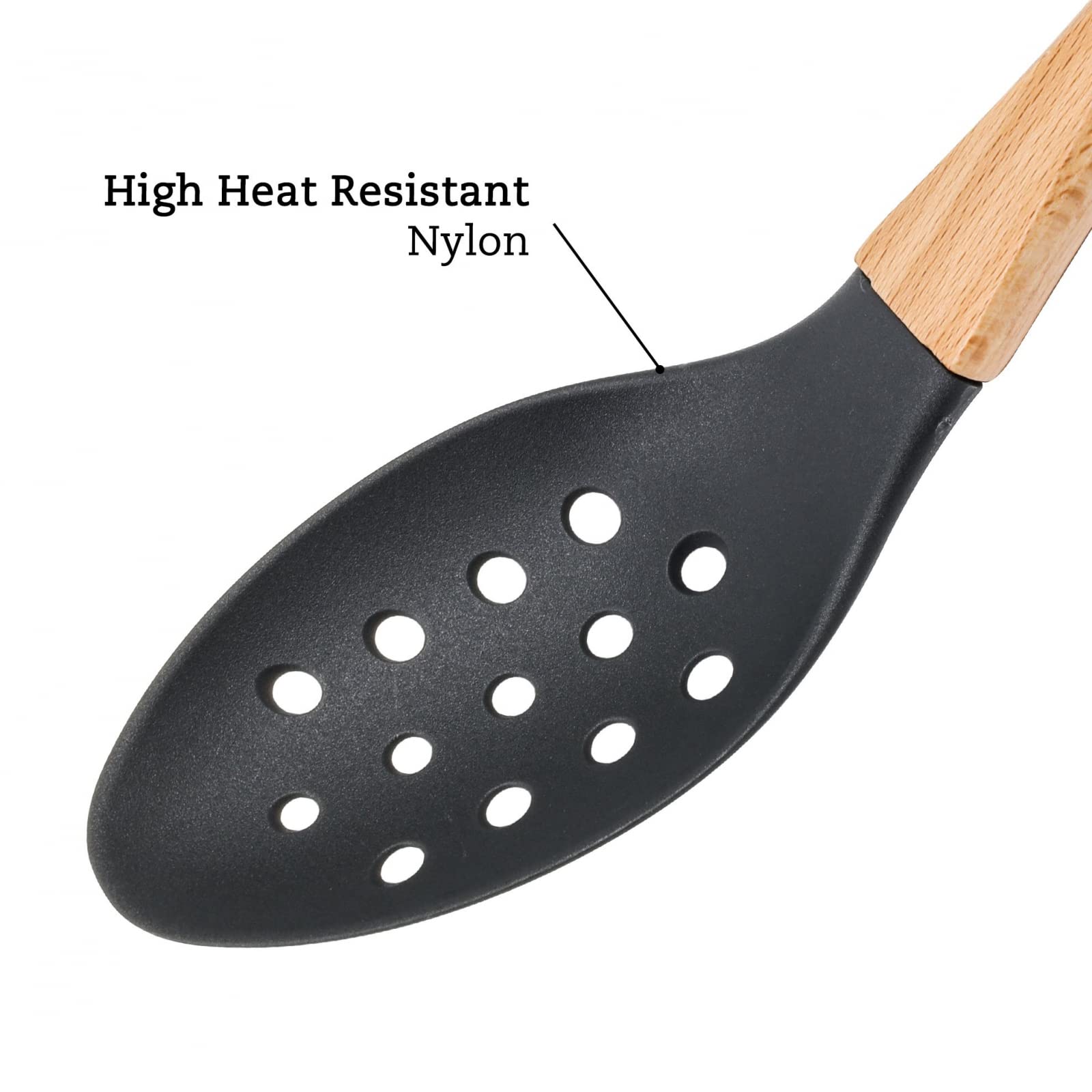 Grey Nylon Slotted Spoon with Wooden Handle Kitchen Utensils High Heat Resistance