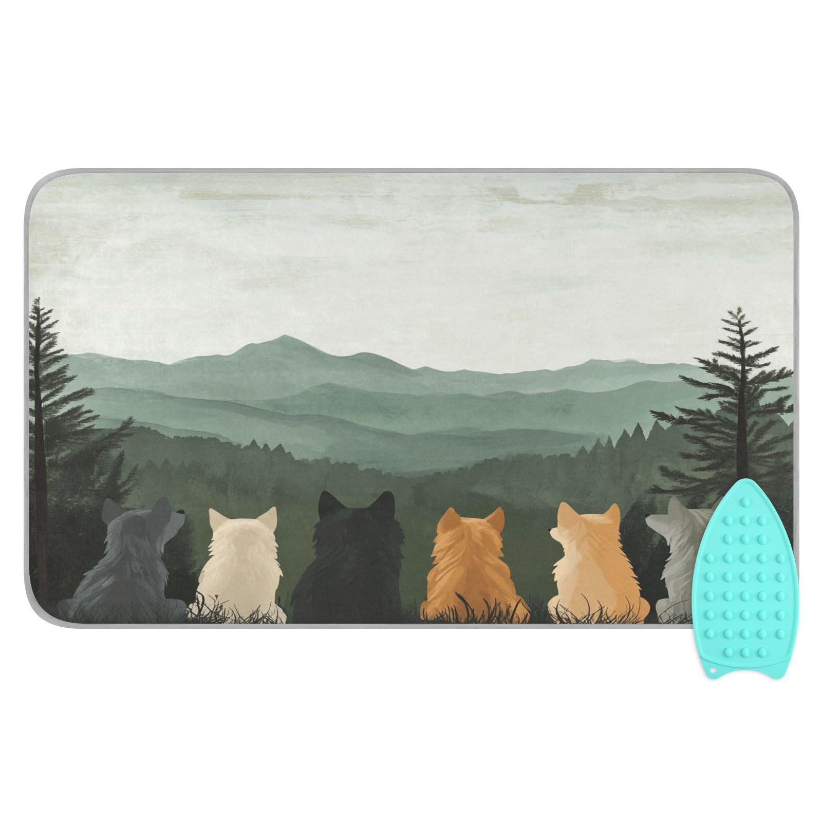 Cute Wolves Back and Green Mountain Ironing Mat Thickened Ironing Blanket Travel Portable Double