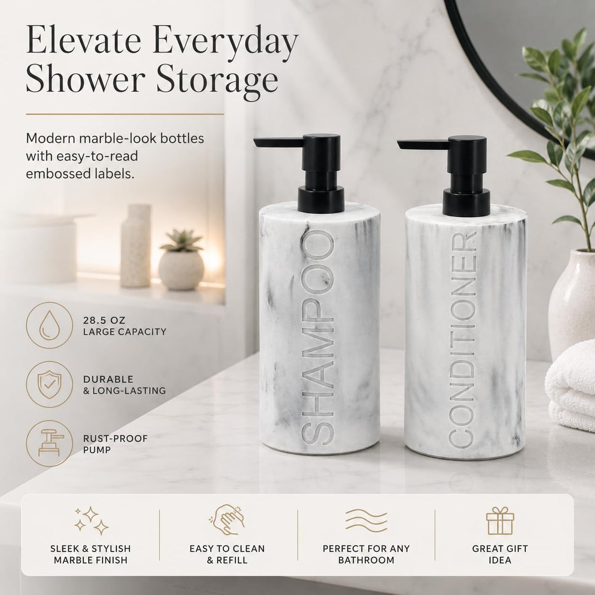 Marble Resin 2 Piece Shampoo and Conditioner Dispenser Set