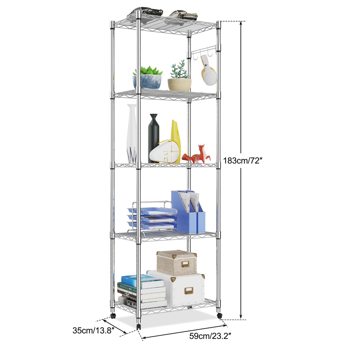 5 Tier Storage Shelf Wire Shelving Unit on Wheels Heavy Duty Metal Shelves Adjustable Steel Rack Organization for Kitchen Garage Basement