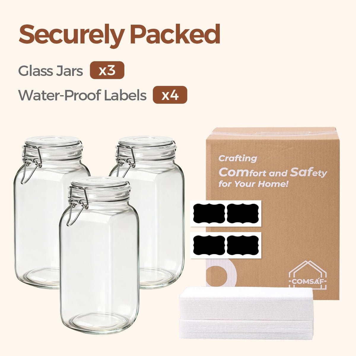 Large Square Glass Jars with Airtight Lids 78 oz 3 Pack Wide Mouth (3 Count)