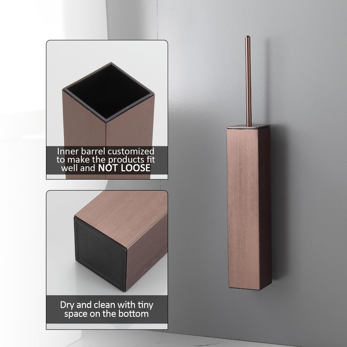 Toilet Brush and Holder Set Rose Gold Wall Mounted for Bathroom Square Design