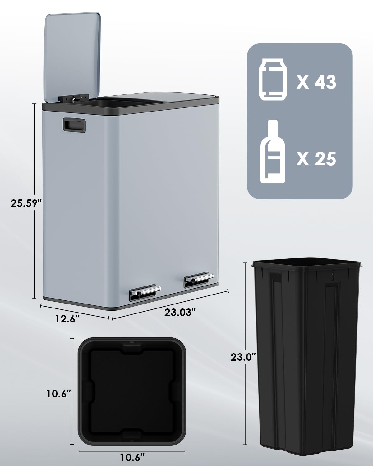 60L(16 Gal) Dual Trash Can, Stainless Steel Kitchen Garbage Can