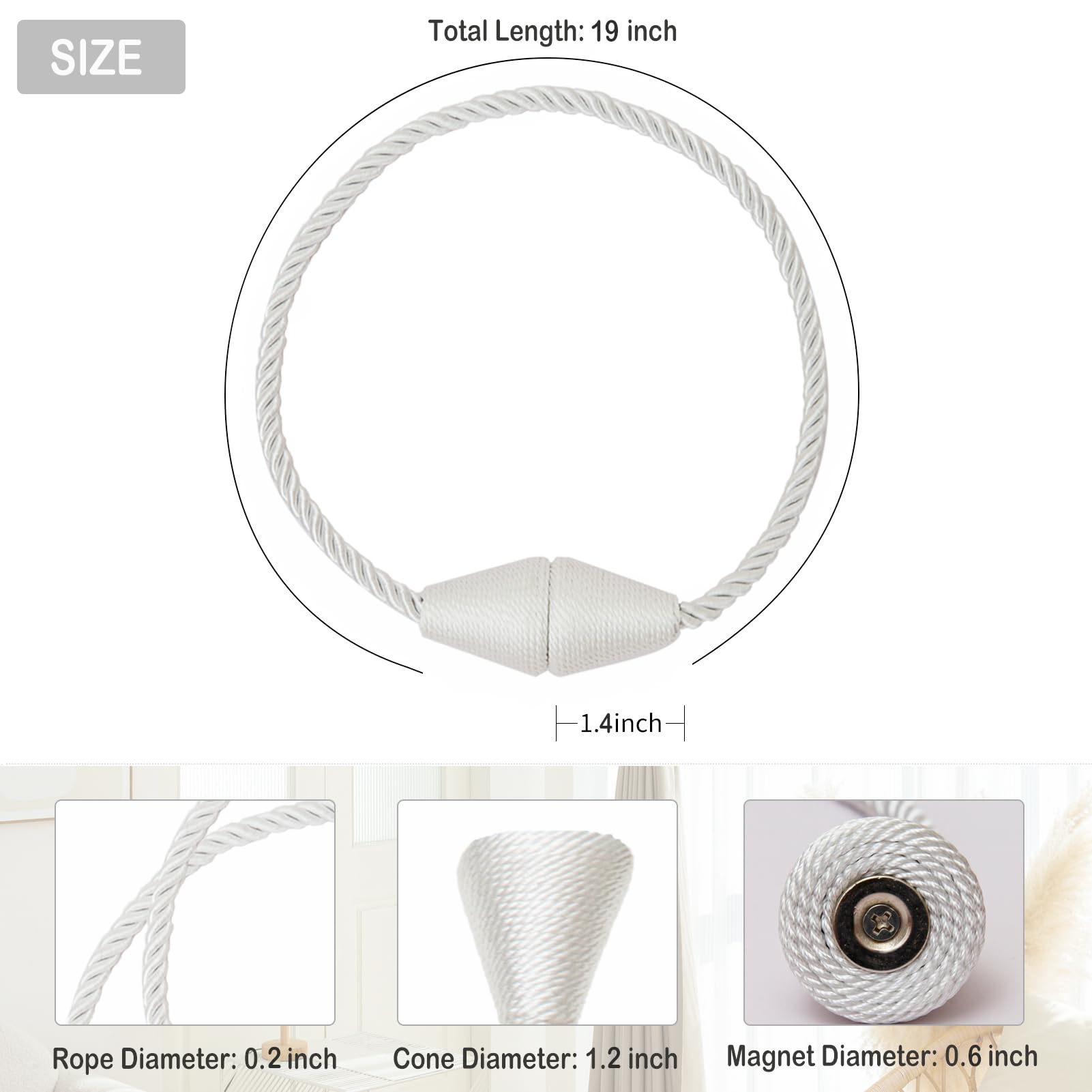 Magnetic Curtain Tiebacks 4 Pack Outdoor Rope Curtain Tie Backs Decorative Window Treatment Holdbacks for Home Decorative Curtain (4 Count)