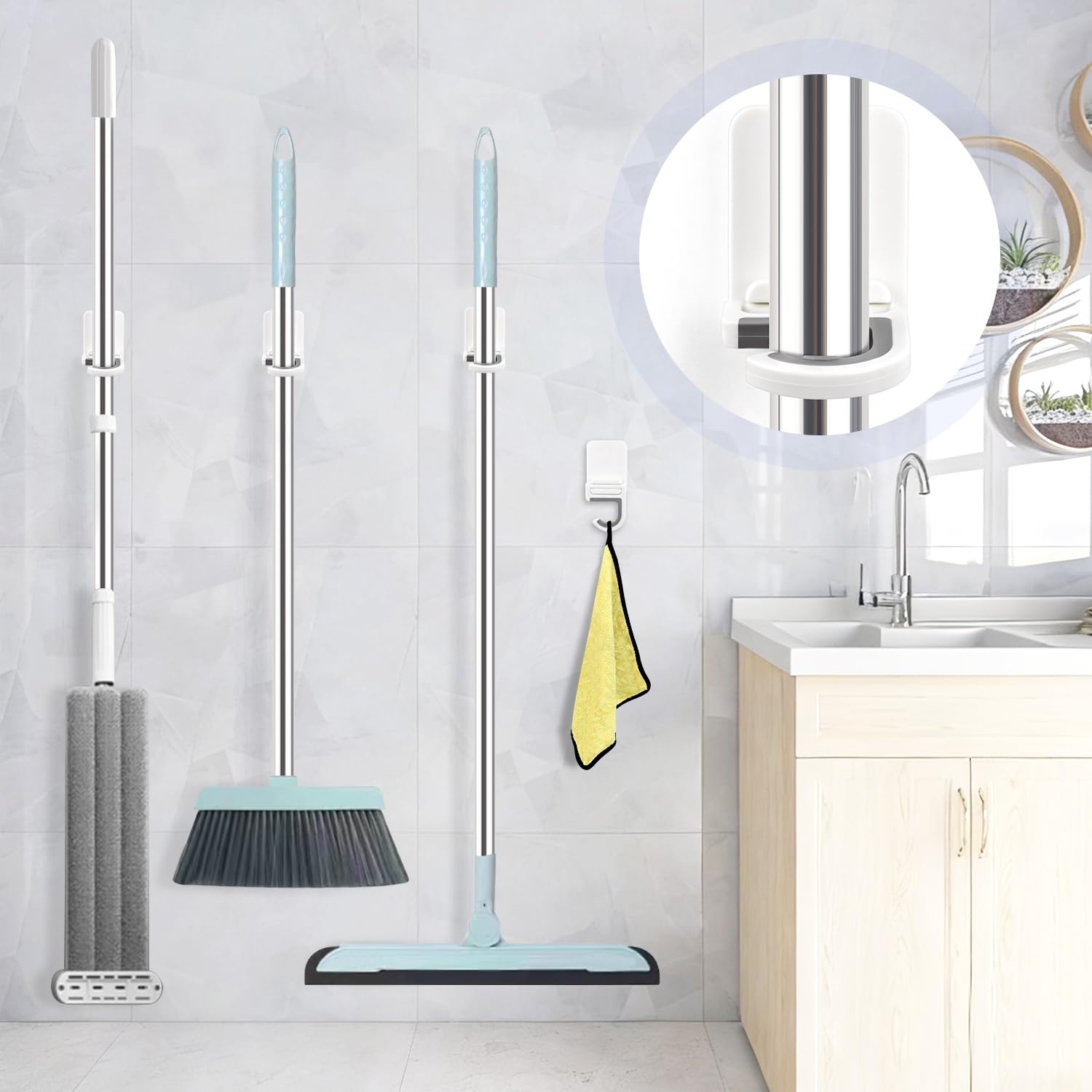4 Pcs White Broom and Mop Holder Wall Mount Self