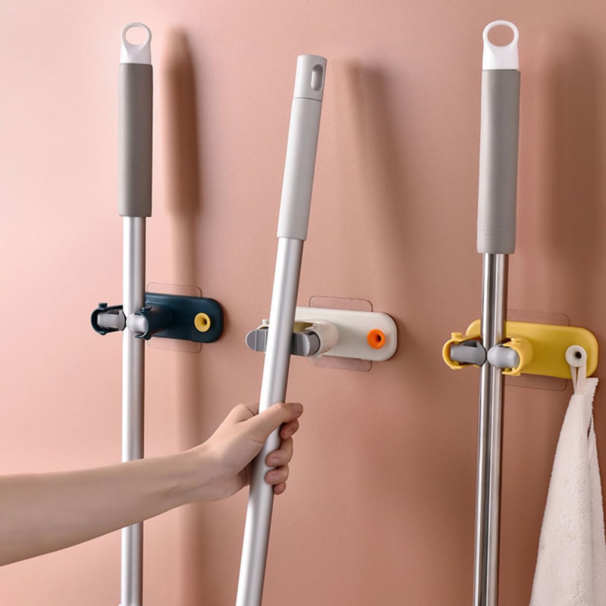Self Adhesive Mop Holder Wall Mount No Drilling Mop Broom Storage Hook Rack for Home Use Bathroom and Kitchen Wall