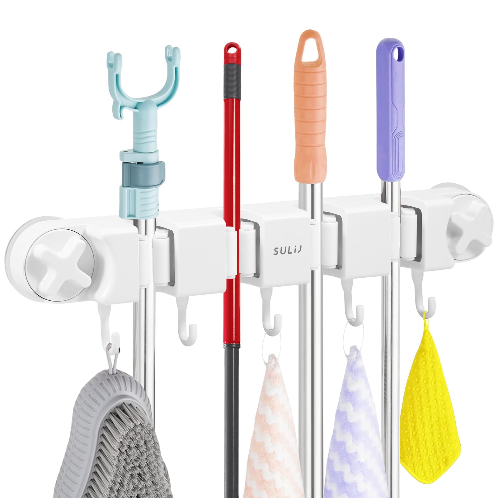 Broom Holder Wall Mount Sturdy Mop and Broom Organizer with 4 Racks and 5 Hooks Vacuum Suction Cup Broom Mop Holder for Home