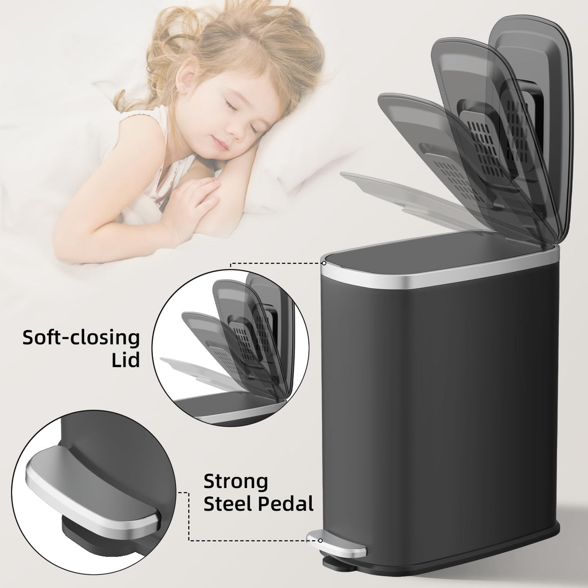 Slim Bathroom Trash Can with Lid Soft Close