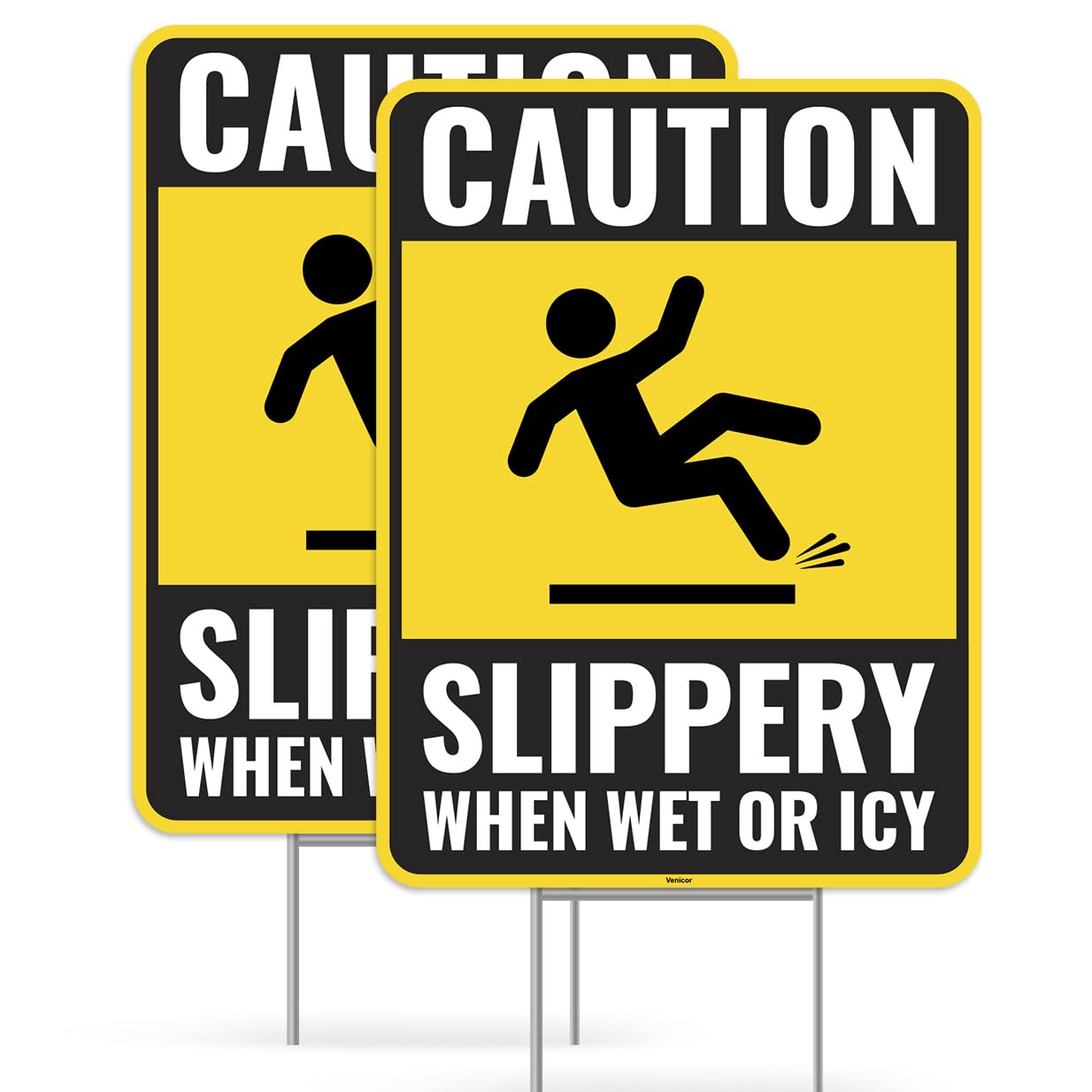2PC Caution Slippery When Wet Or Icy Sign with Metal Stakes (2 Count)