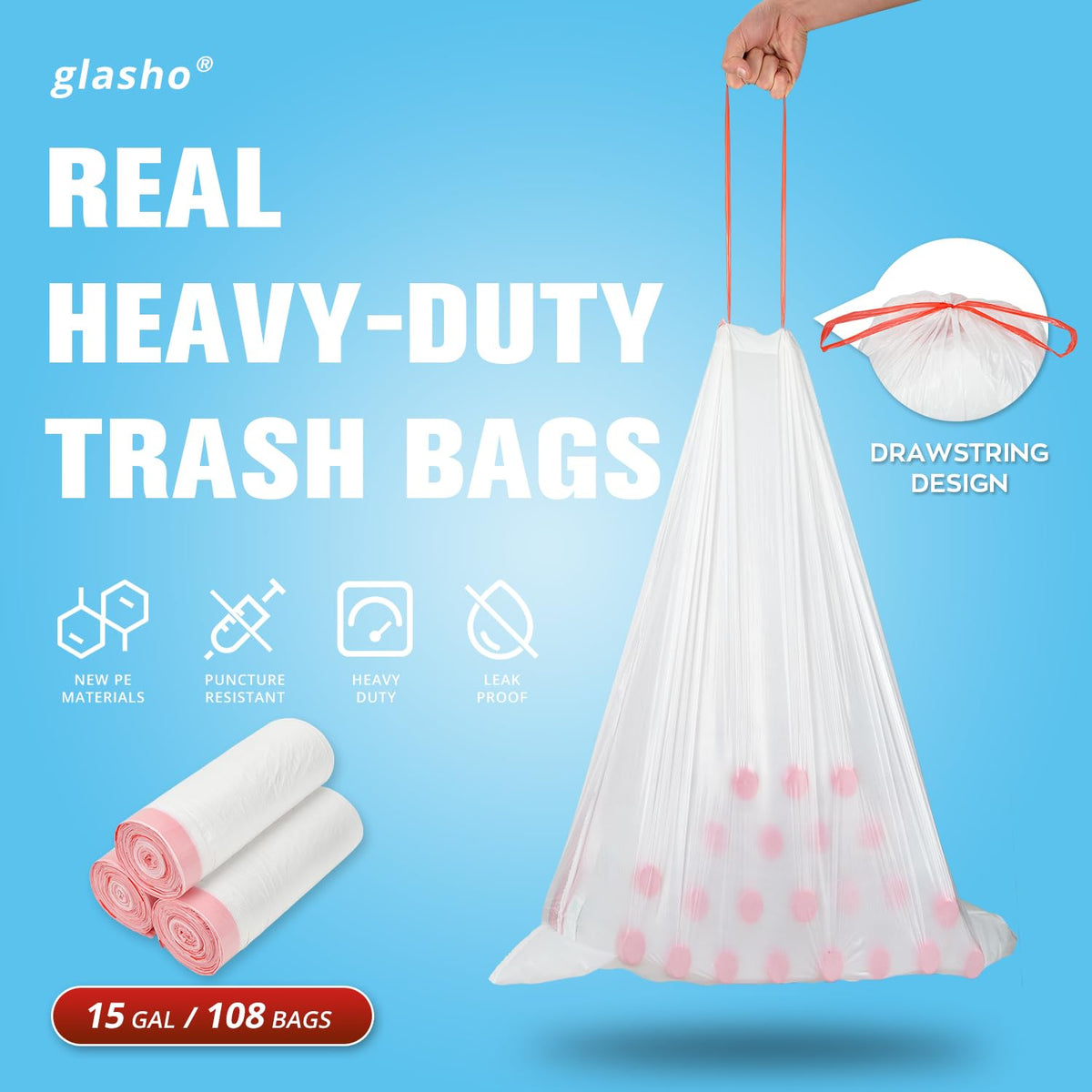 Ultra Thick 15 Gallon Drawstring Trash Bags (108 Count)