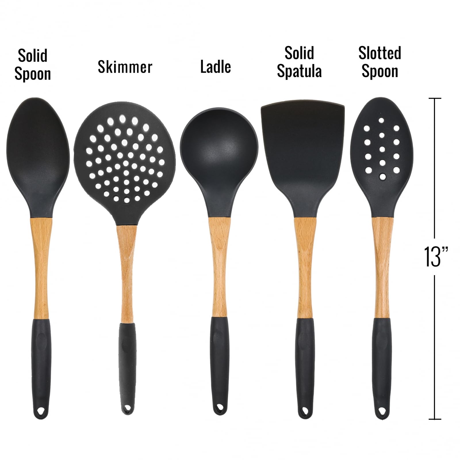 5pc Dark Grey Nylon Wooden Kitchen Utensils with Cooking Spoons