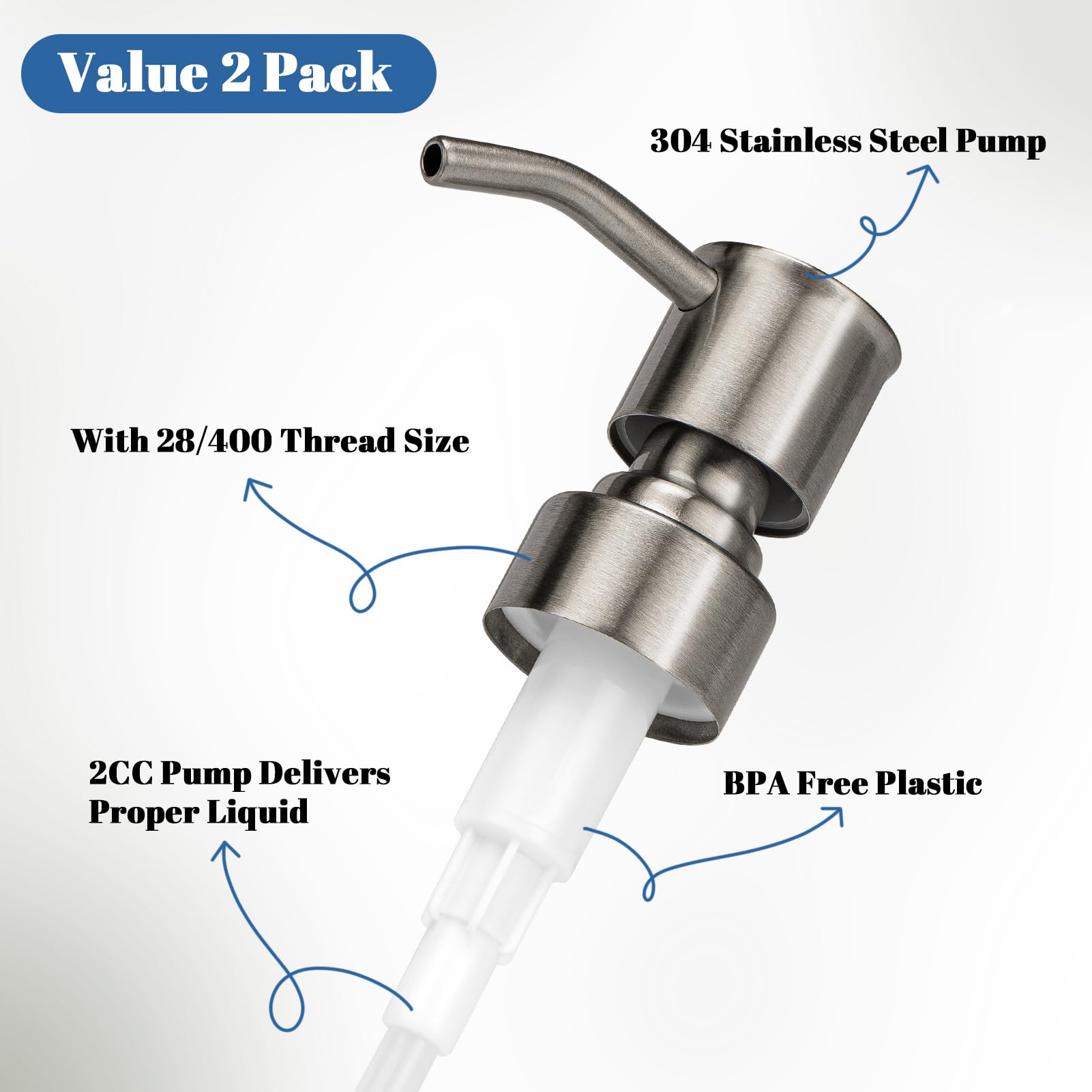 2 Pack 304 Stainless Steel Soap Dispenser Pump Replacement Standard 28 (2 Count)