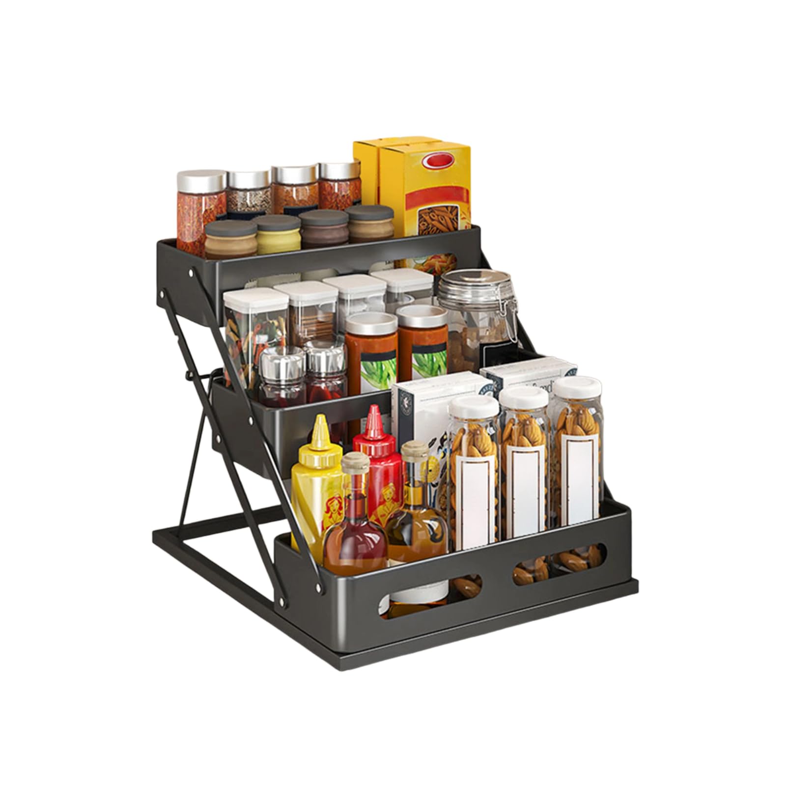 Spice Rack for Countertop 3 Tier Foldable Seasoning Organizer Jars Storage Holder Step Shelf for Cabinet Kitchen Black