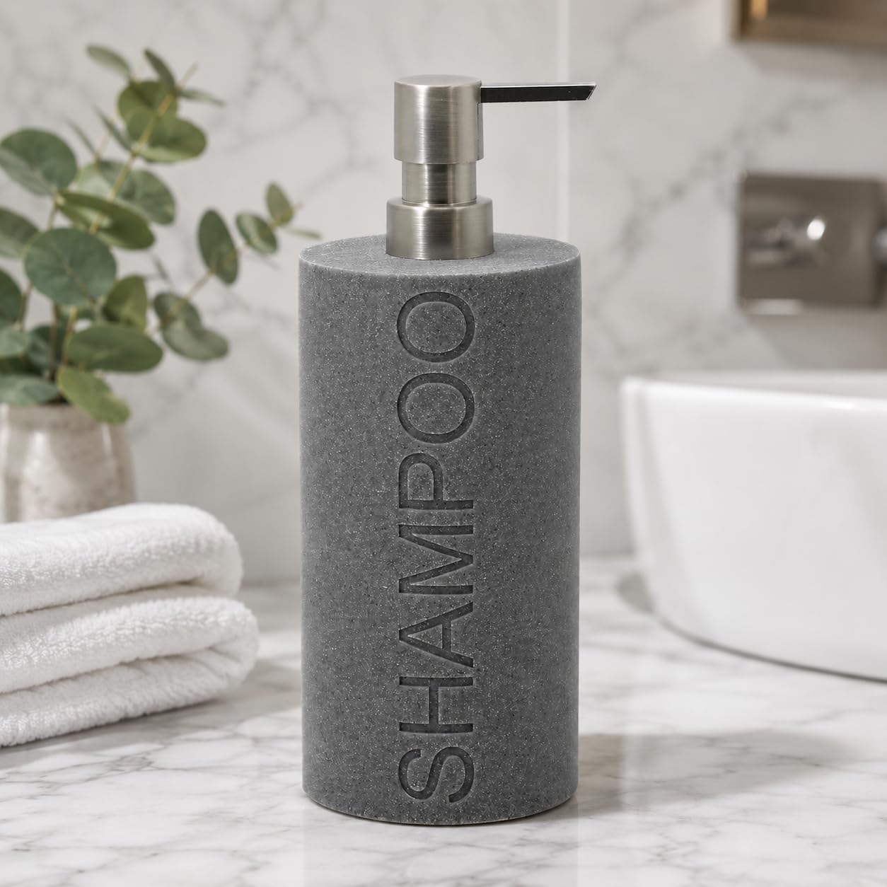 Resin Neutral Gray Sandstone Shampoo Engraved Bottle Refillable Pump Dispenser