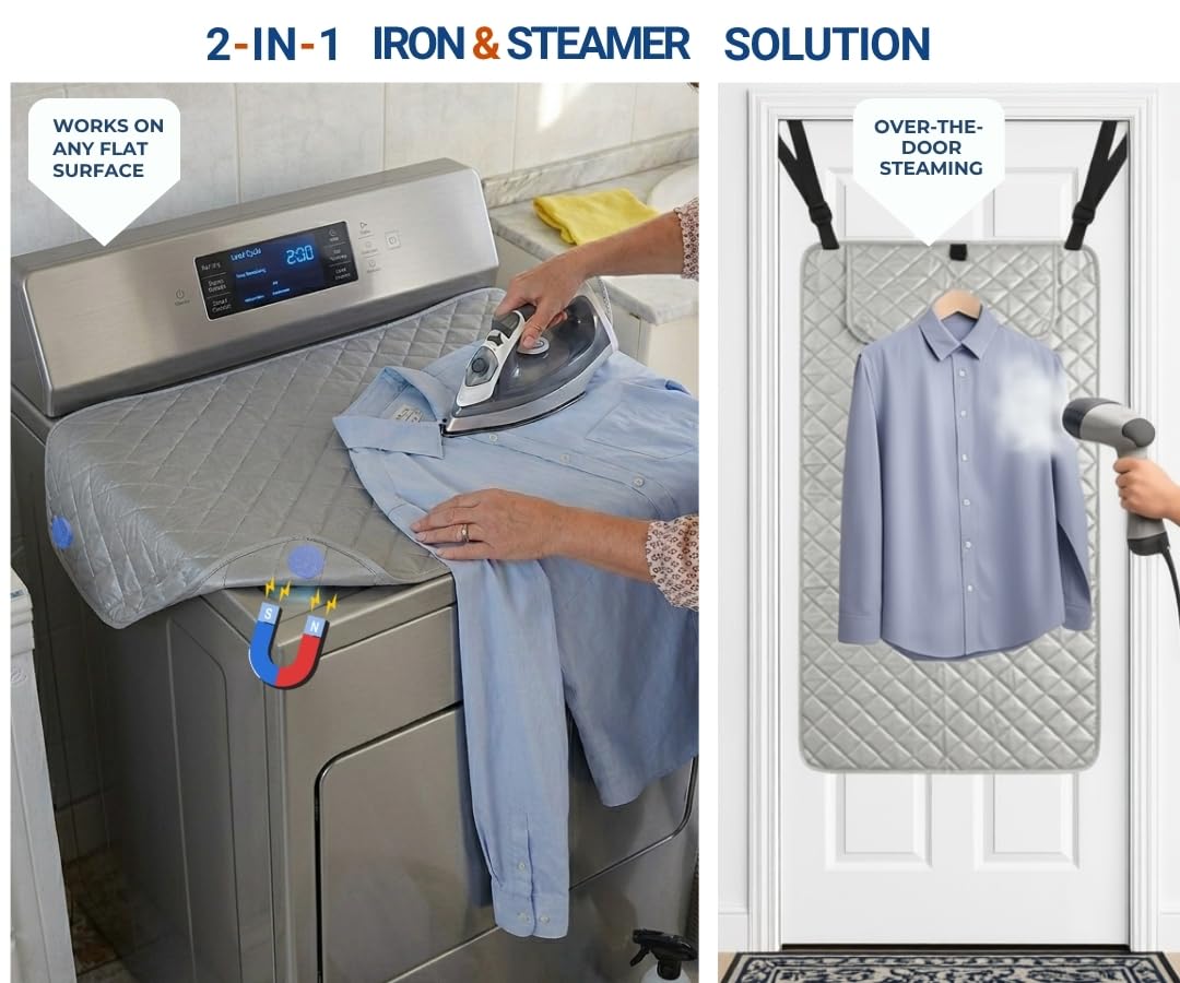 Premium Ironing Mat 39"x18.5" Table Top Over Door Heat Resistant Pad with Magnetic Corners Portable Silicone Surface for Quilting Supplies and Notions Sewing Travel