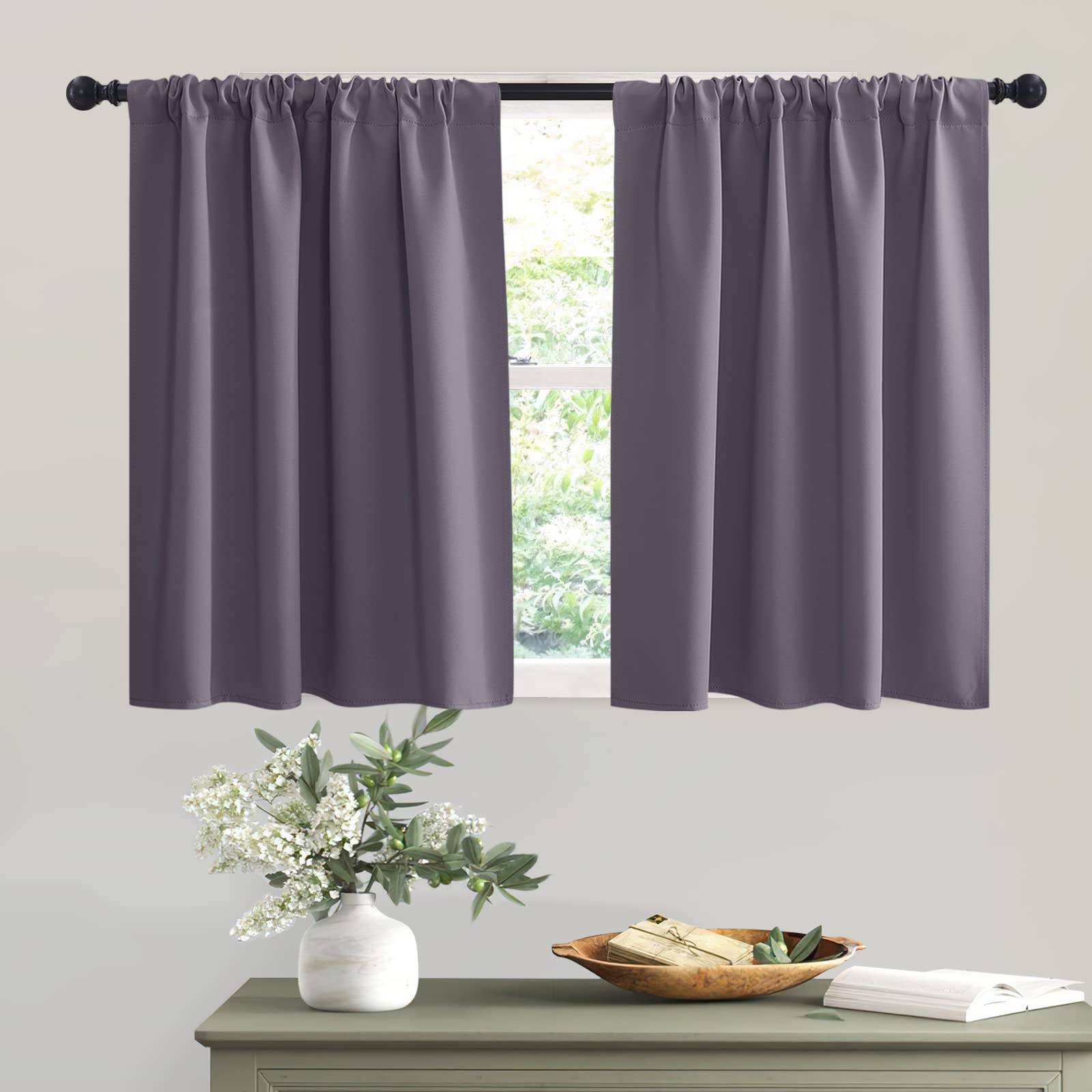 Short Greyish Purple Blackout Curtains for Small Bedroom Window