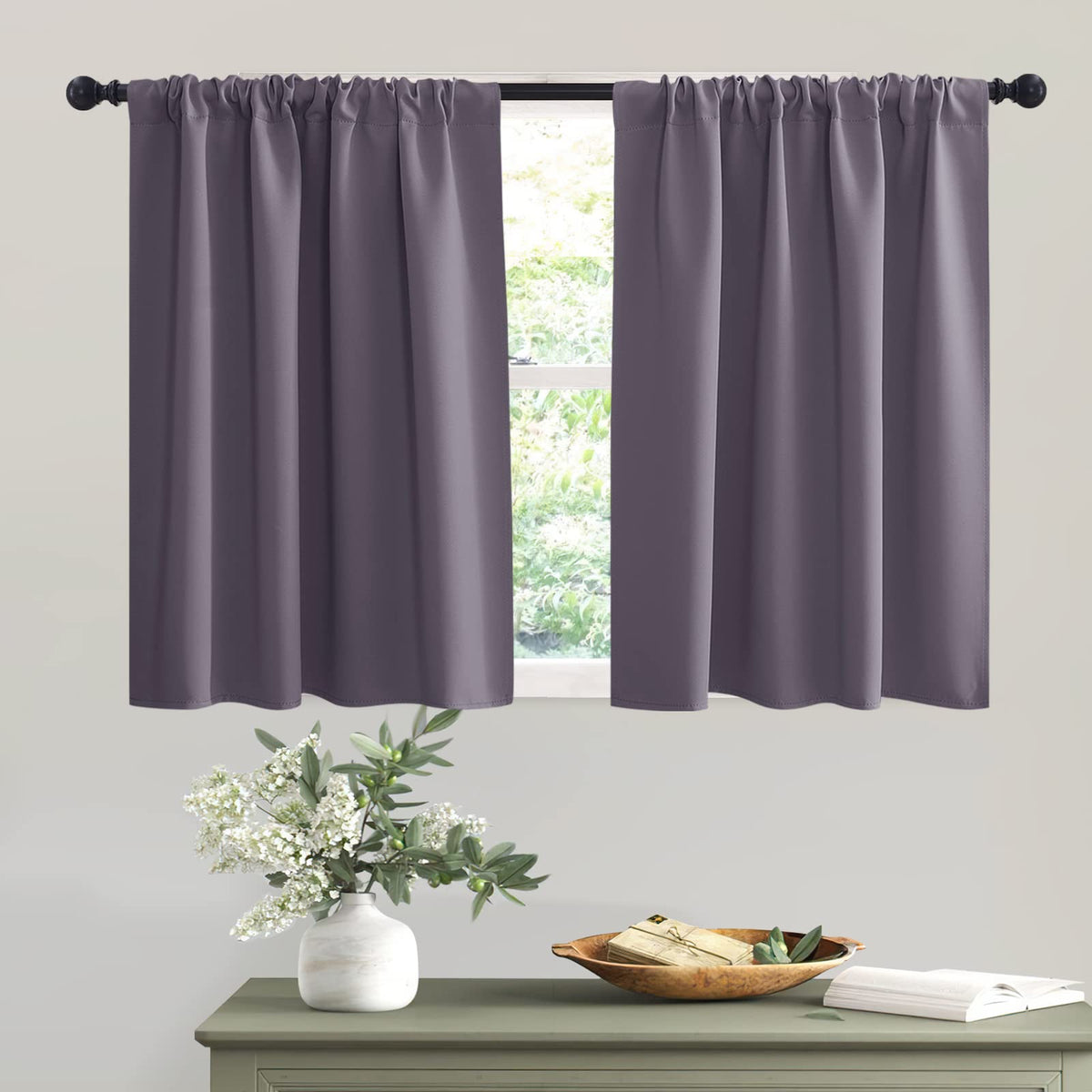 Short Greyish Purple Blackout Curtains for Small Bedroom Window