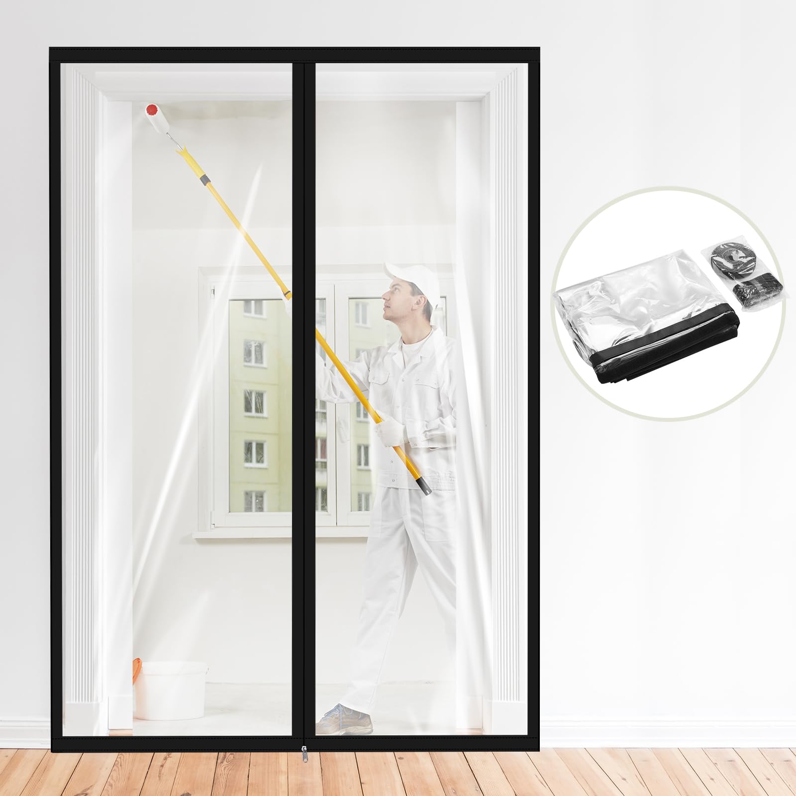 Zipper 60 x 102 Inch Dust Barrier Door Kit Construction Door Barrier 5 x 8.5 ft Reusable Plastic Curtain Cover Containment Standard Doorway Temporary Wall Screen Sheeting for Bathroom Hallway