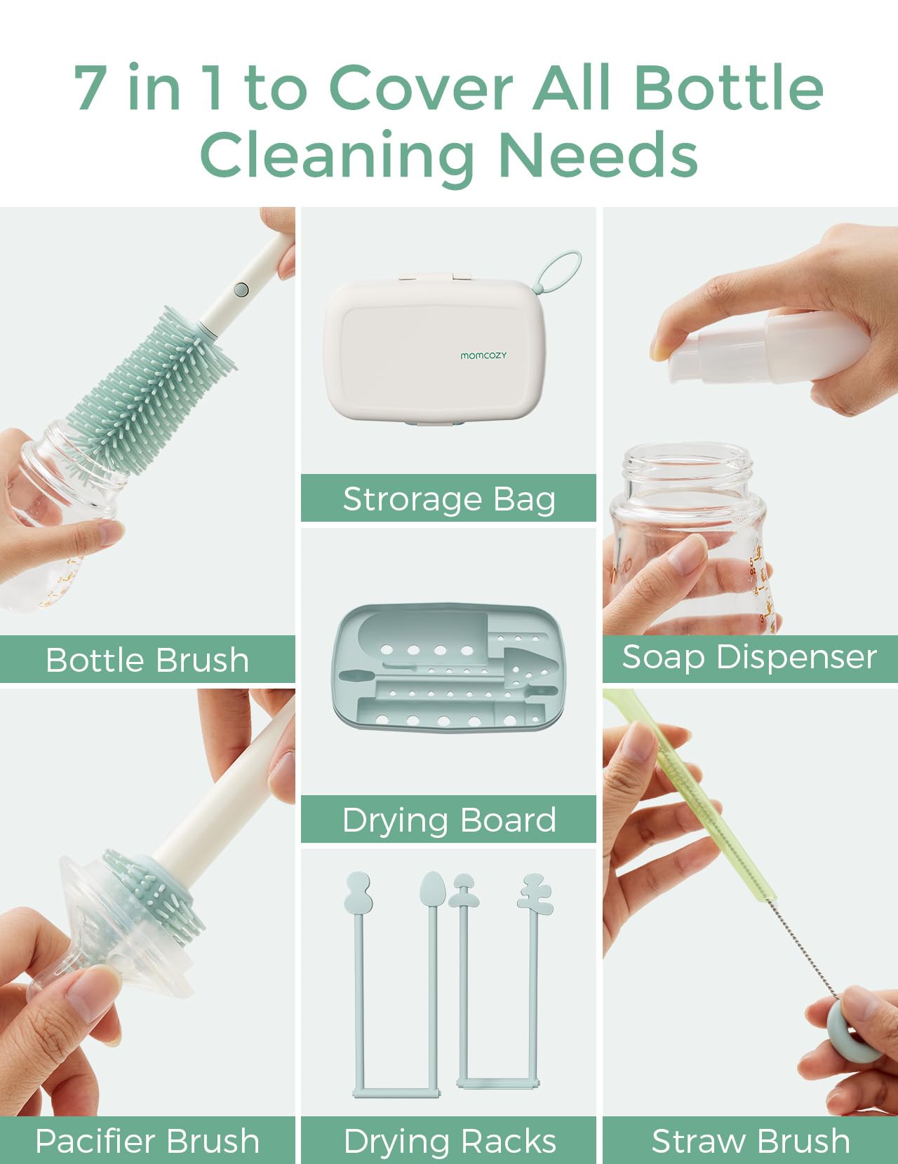 7-in-1 Baby Bottle Brush Set with Drying Rack, Green - ModHome Supplies