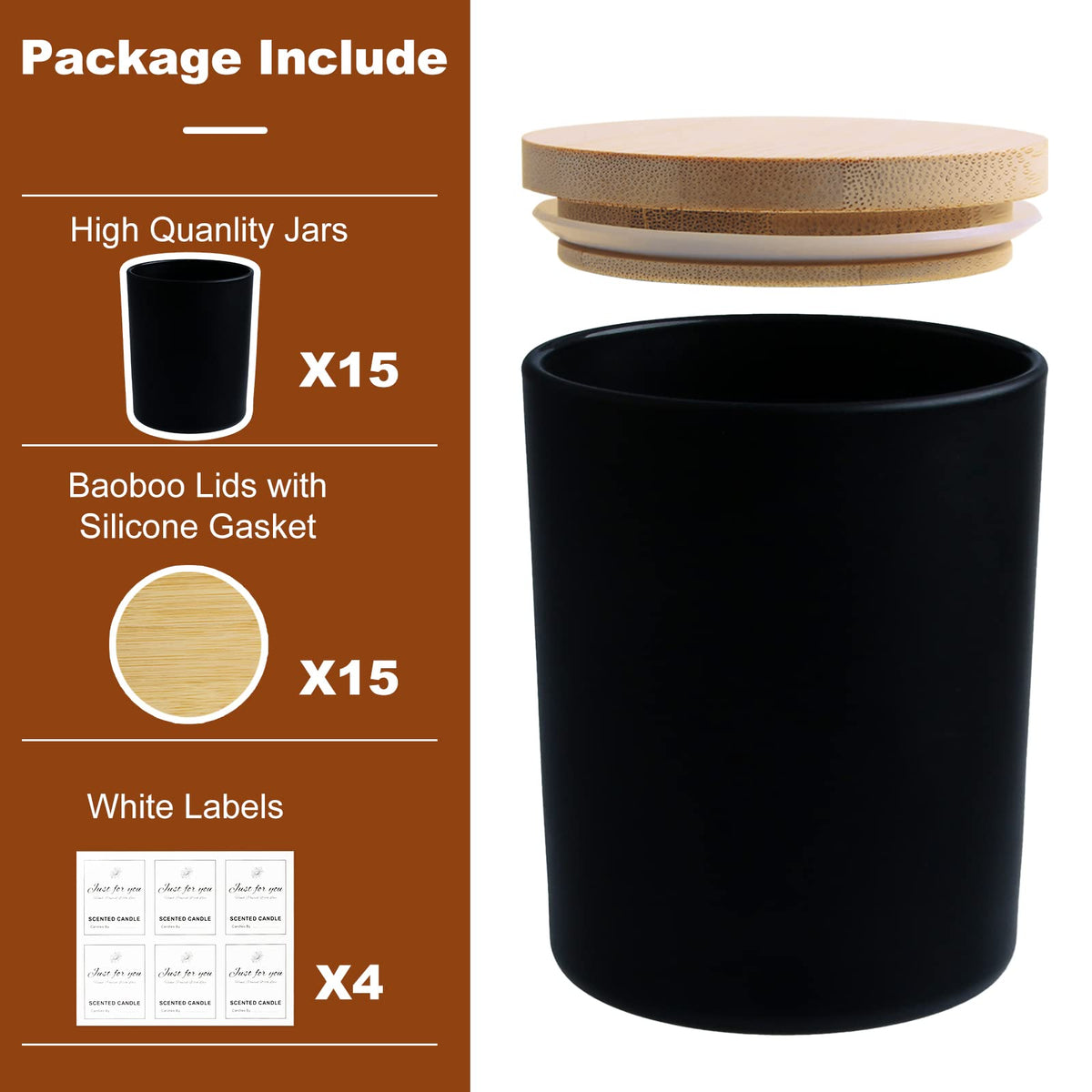 15 Pack 7 OZ Matte Black Candle Jars with Bamboo Lids (15 Count)